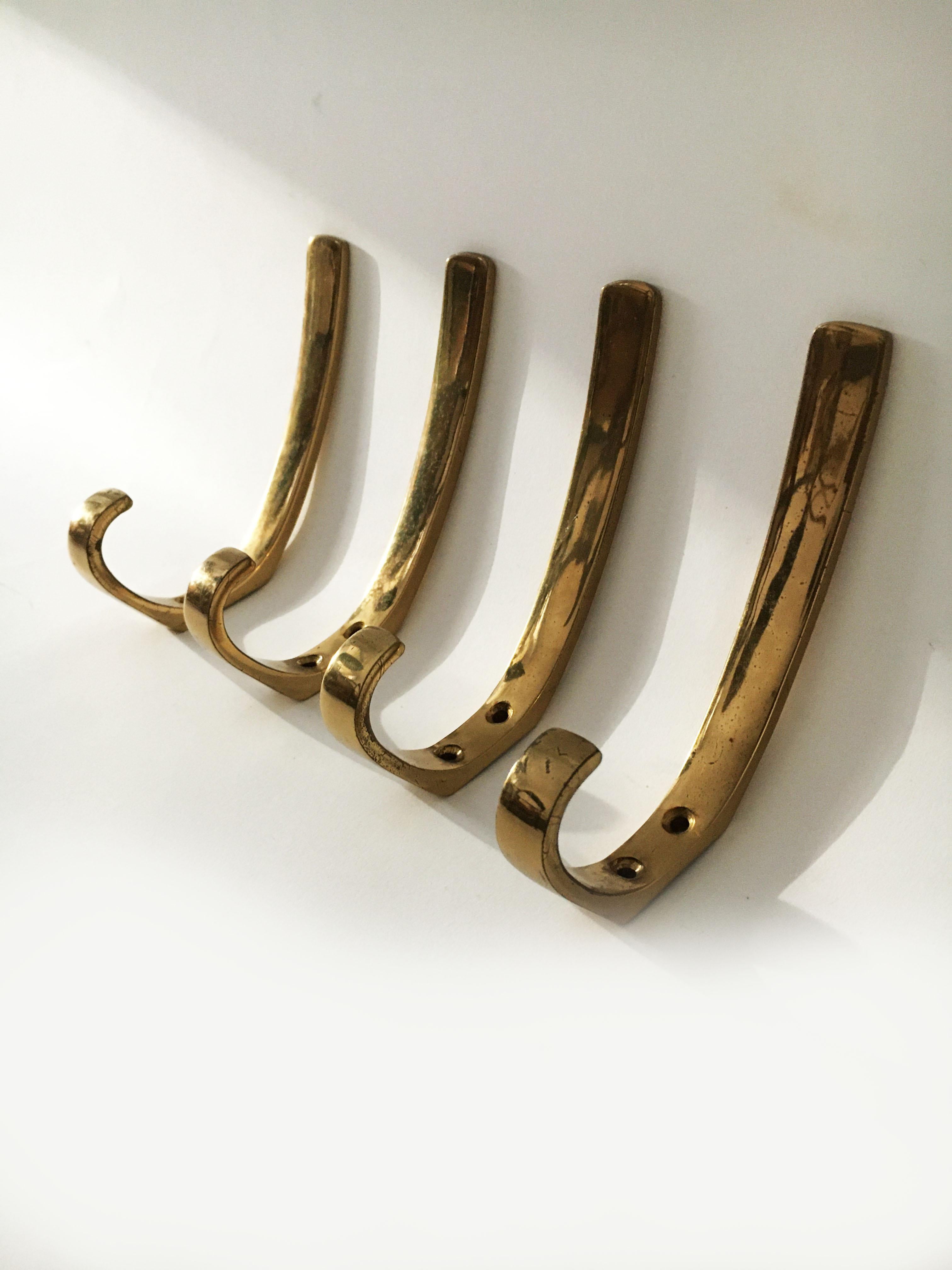 Austrian Hertha Baller Vintage Brass Wall Hooks Model 'Oper' Set of Four, Austria 1950s