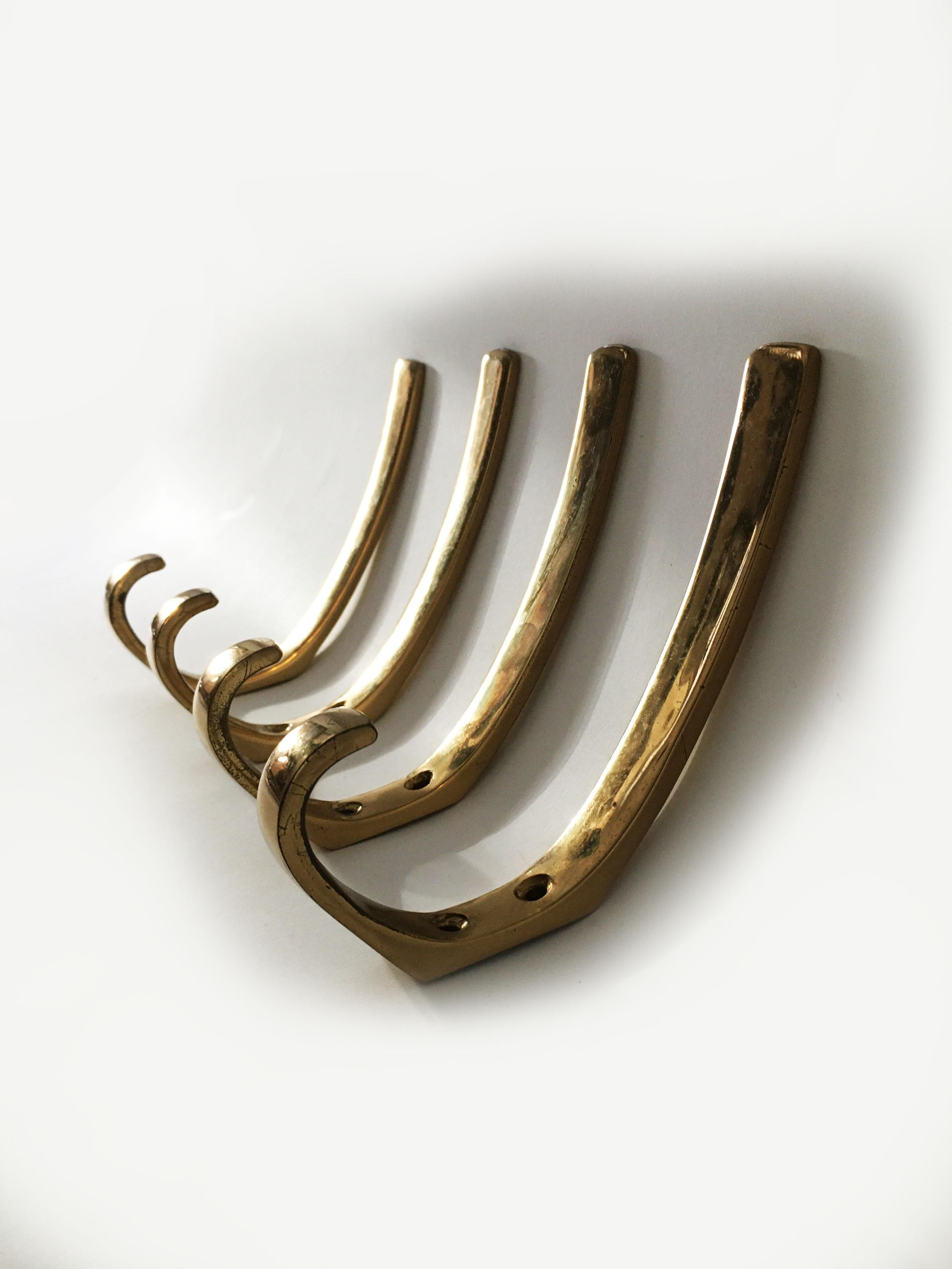 Hertha Baller Vintage Brass Wall Hooks Model 'Oper' Set of Four, Austria 1950s In Good Condition In Vienna, AT