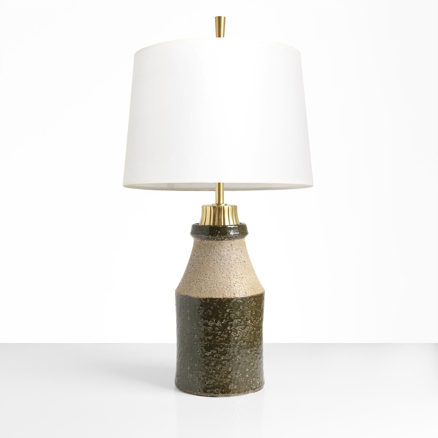 Hertha Bengston hand thrown, Scandinavian Modern ceramic lamp with brass hardware and stem with double cluster sockets.  Made at Rorstrand Studio, Sweden, signed and dated on bottom. Newley electrified for use in USA. 

Total height 24.5” Base