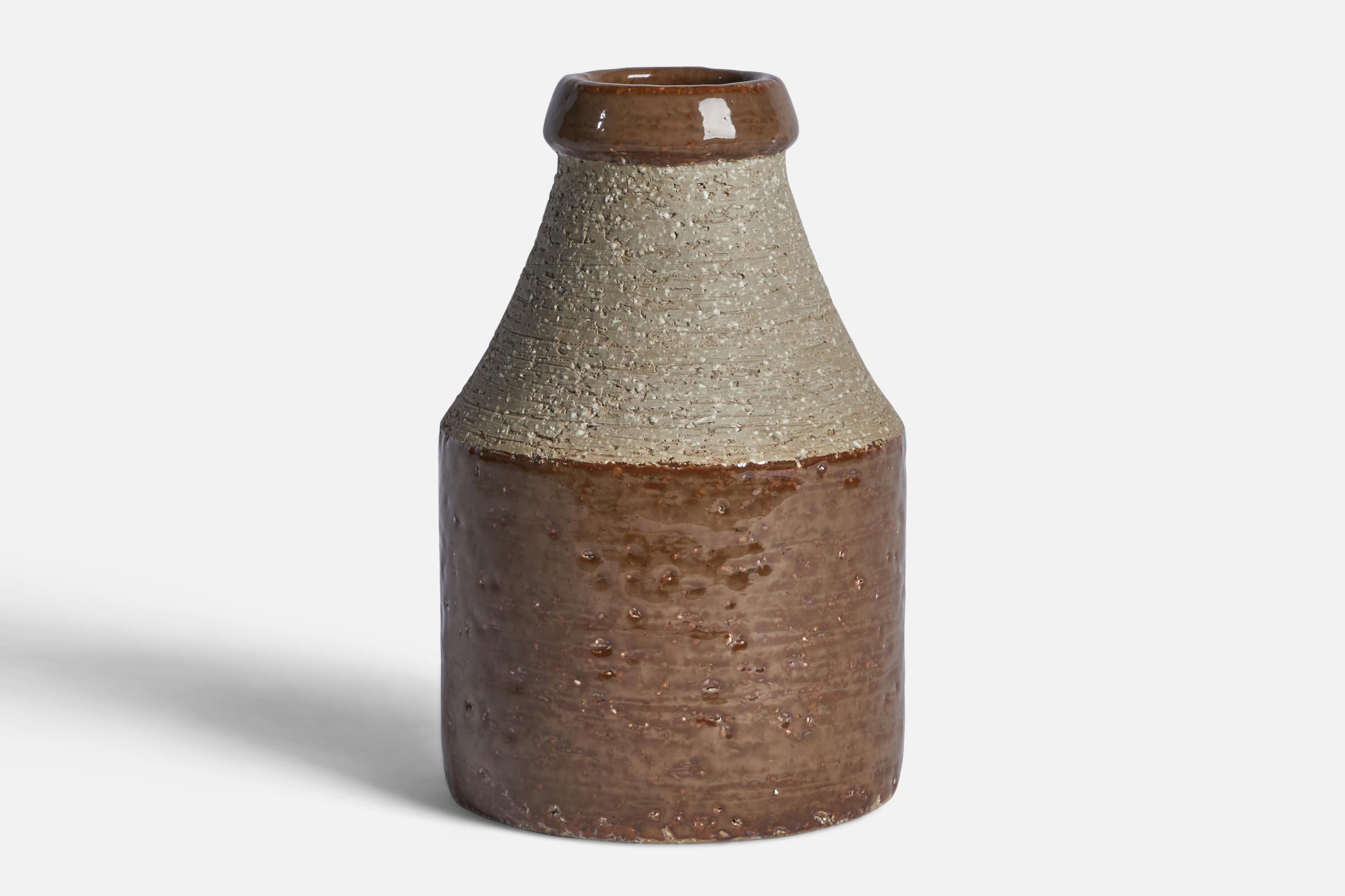 A grey and brown-glazed stoneware vase designed by Hertha Bengtsson and produced by Rörstrand, Sweden, 1950s.

“ R SWEDEN” inscription on bottom