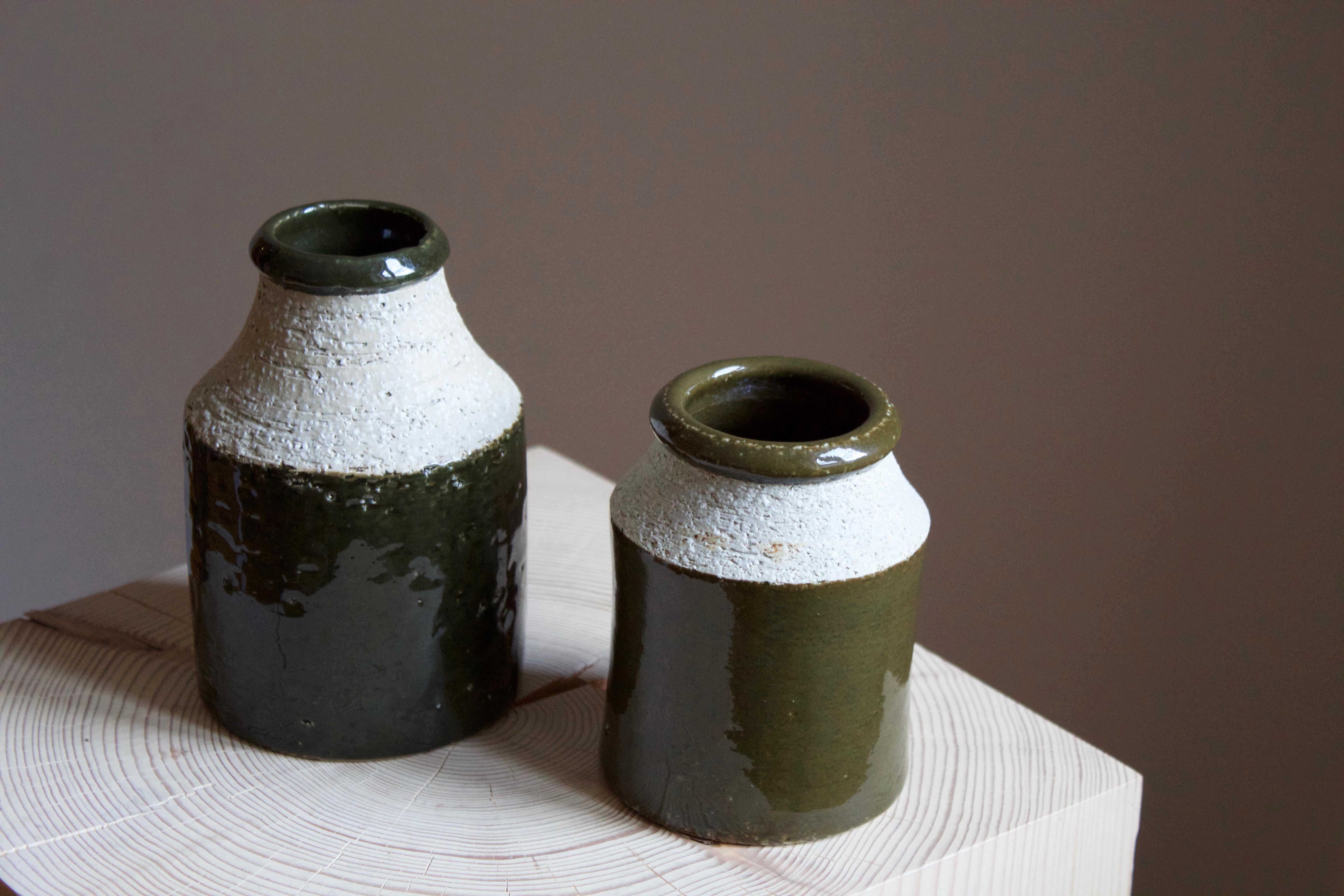 Mid-Century Modern Hertha Bengtson, Vases, Green Glazed Stoneware, Rörstrand, Sweden, 1950s