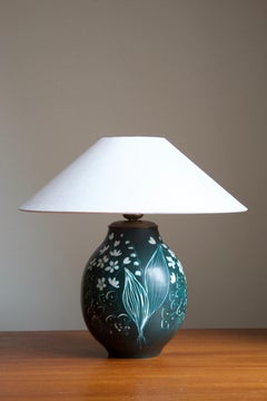 Hertha Bengtsson, Table Lamp, Blue Glazed Stoneware Brass Rörstand, Sweden, 1950