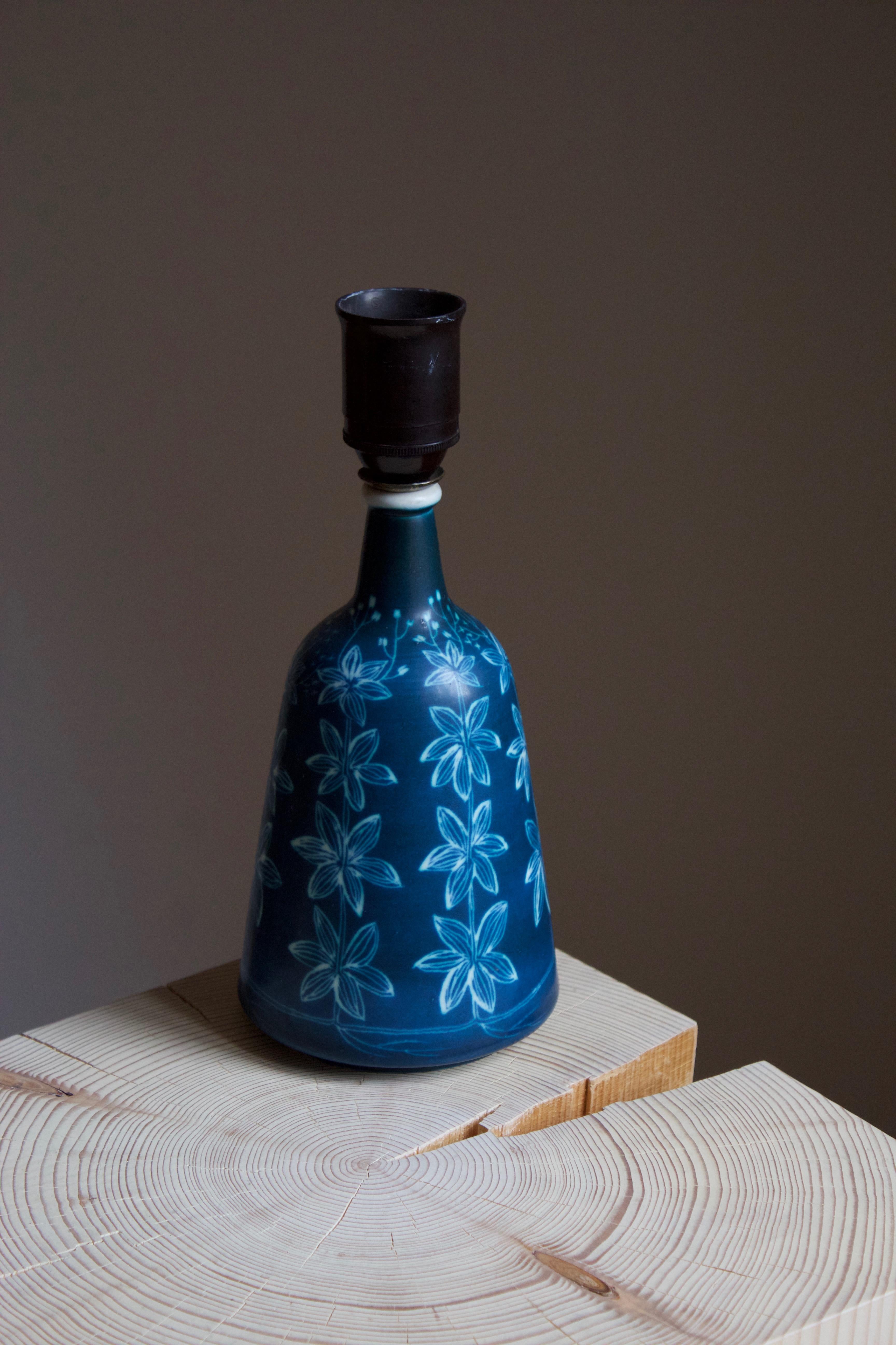 Mid-Century Modern Hertha Bengtsson, Table Lamp, Blue Glazed Stoneware Brass Rörstand, Sweden, 1950