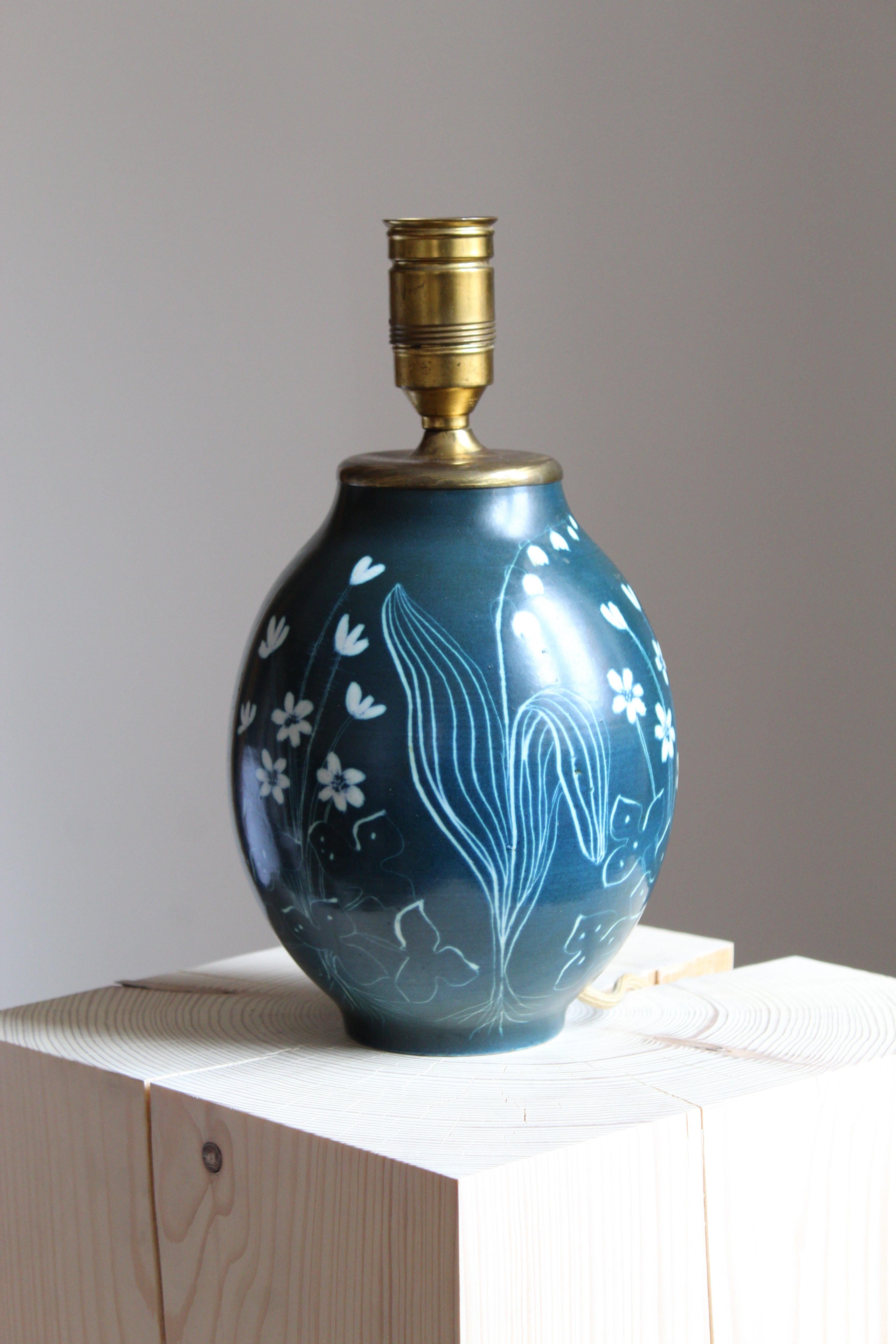 European Hertha Bengtsson, Table Lamp, Blue Glazed Stoneware Brass Rörstand, Sweden, 1950