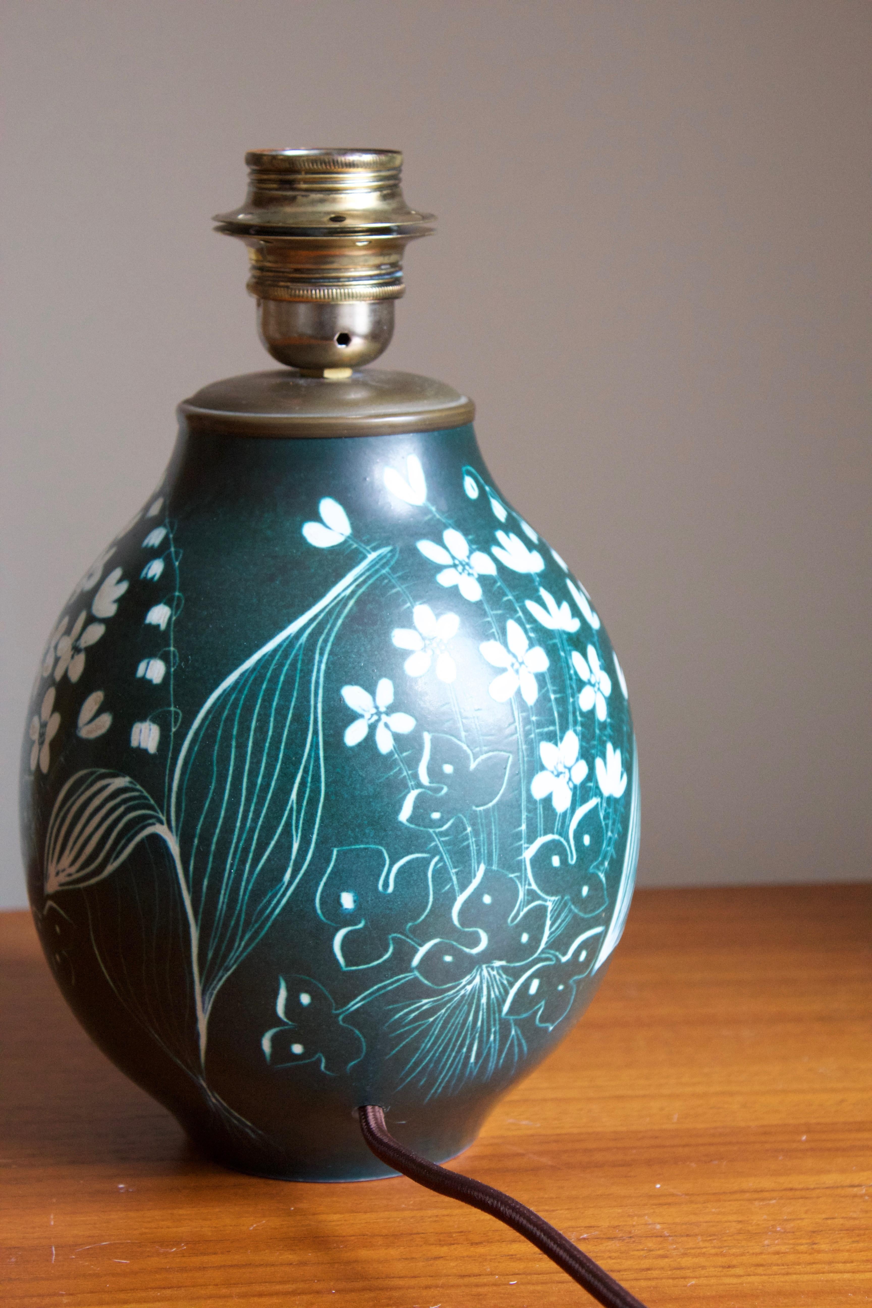 European Hertha Bengtsson, Table Lamp, Blue Glazed Stoneware Brass Rörstand, Sweden, 1950
