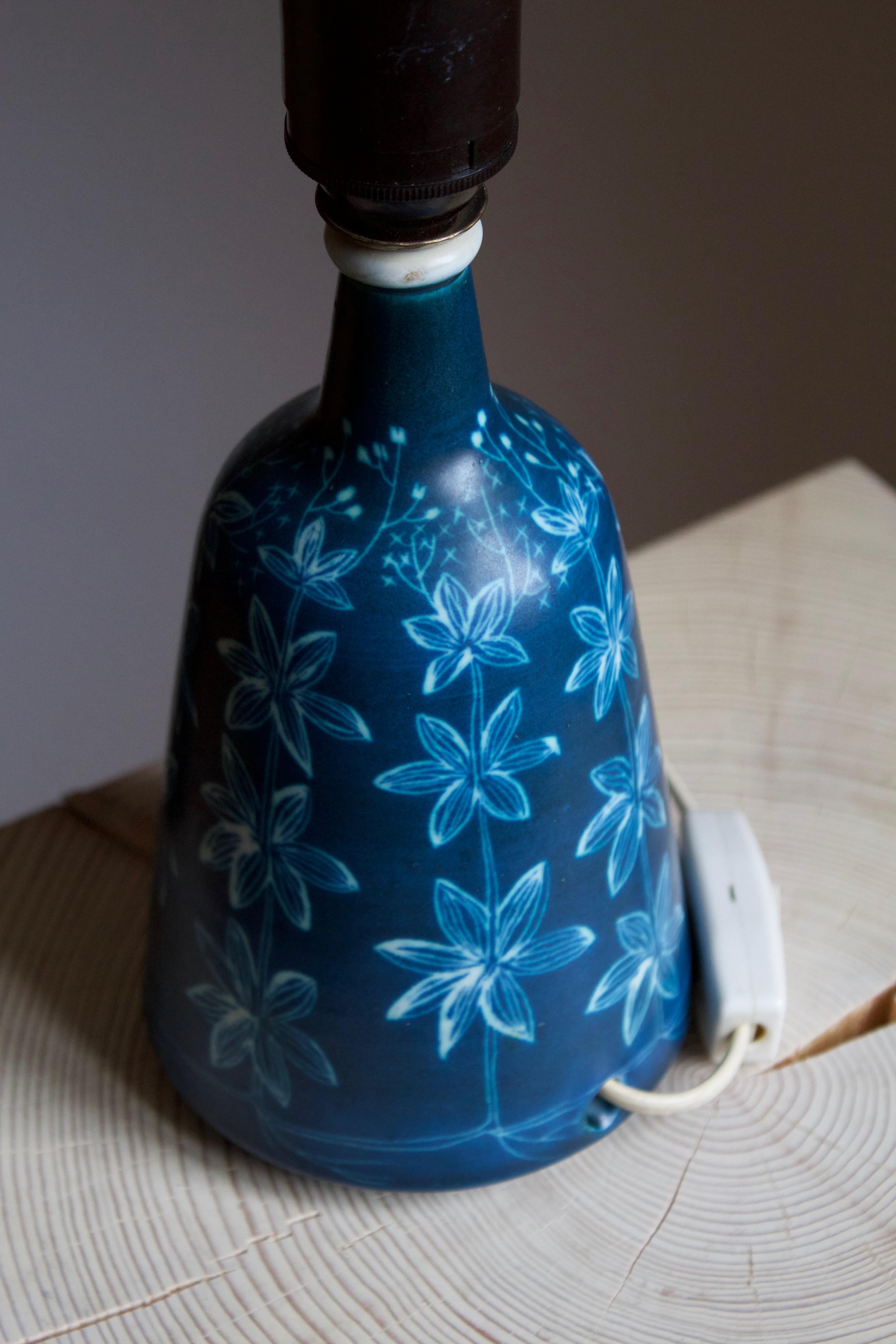 European Hertha Bengtsson, Table Lamp, Blue Glazed Stoneware Brass Rörstand, Sweden, 1950