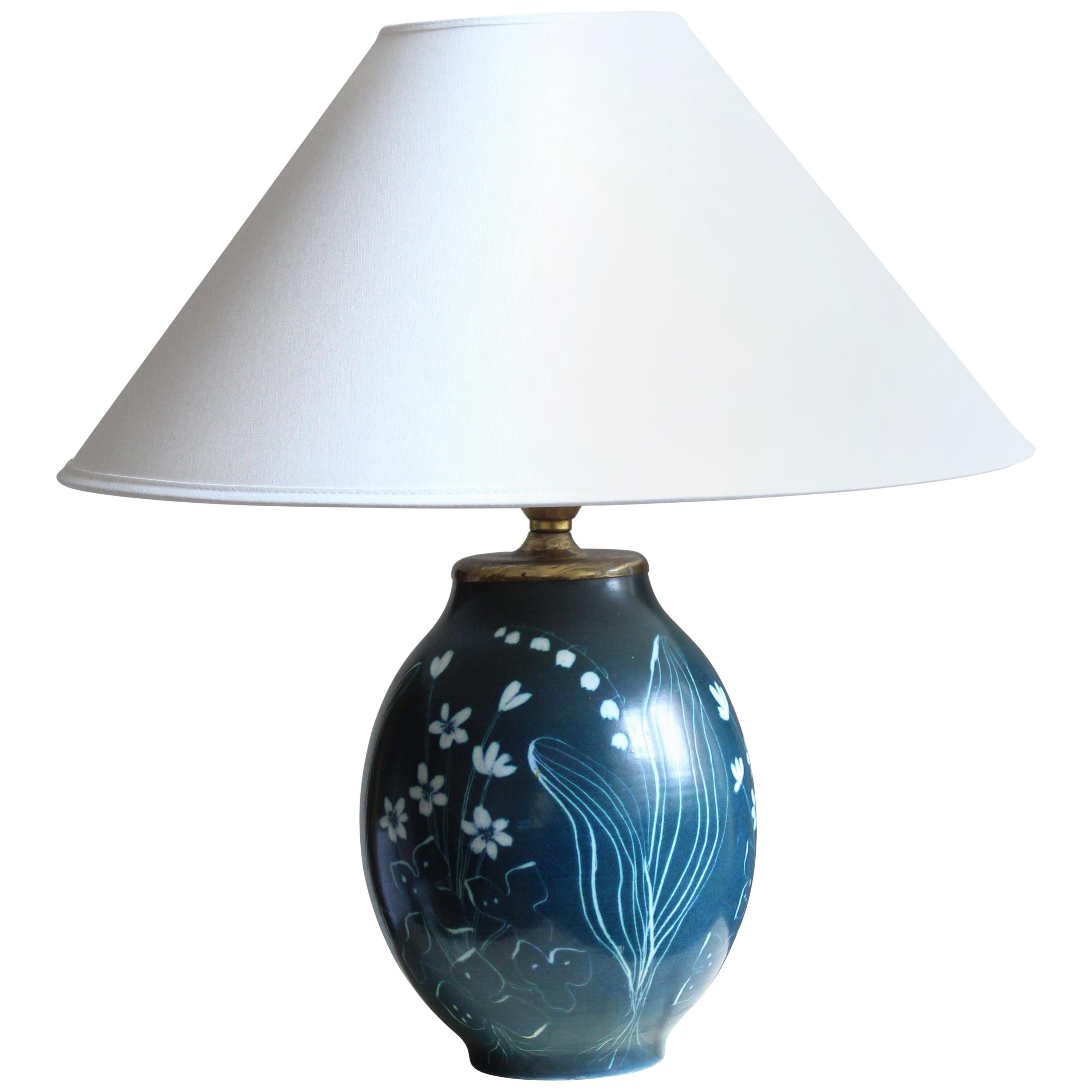 Hertha Bengtsson, Table Lamp, Blue Glazed Stoneware Brass Rörstand, Sweden, 1950