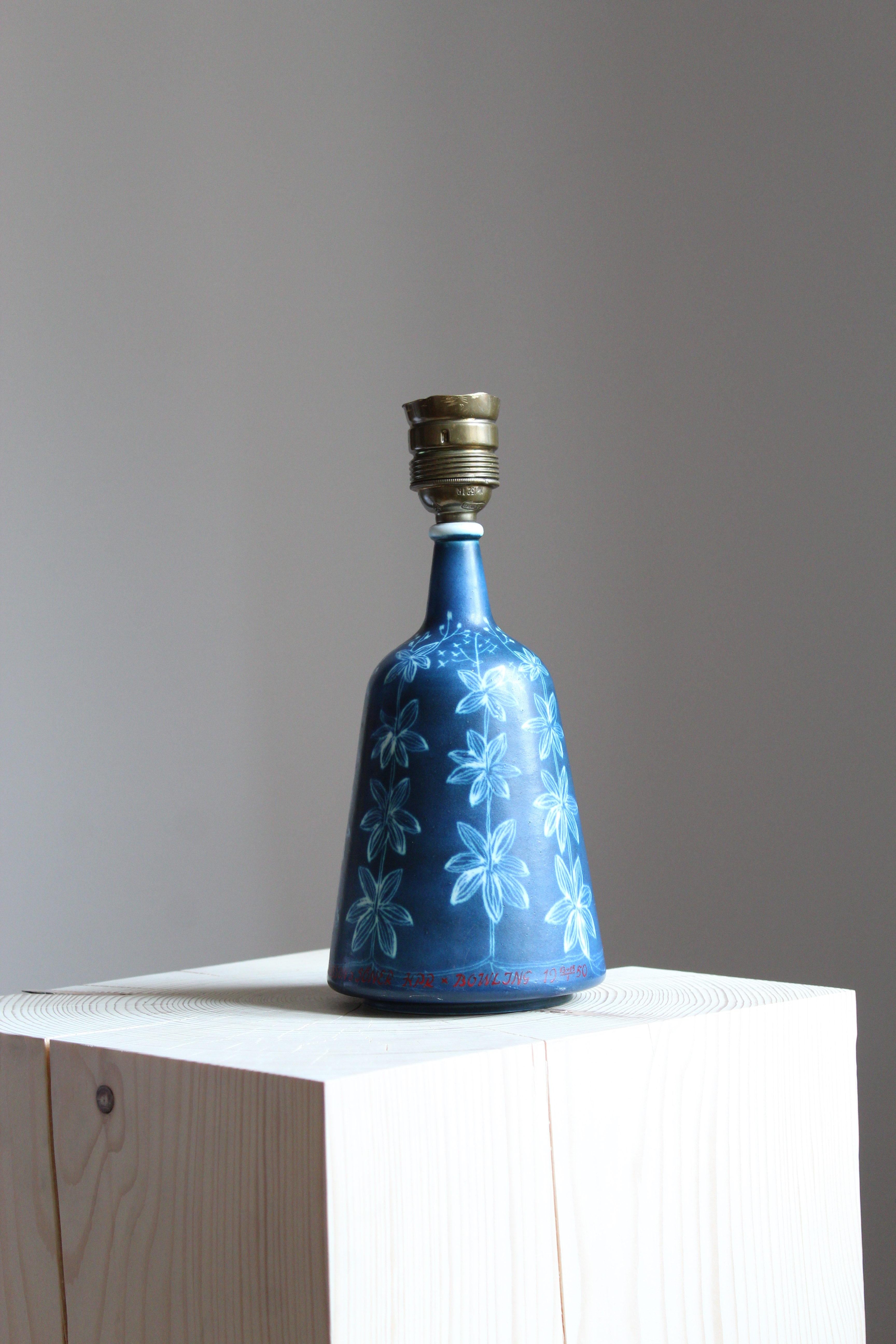 Mid-Century Modern Hertha Bengtsson, Table Lamp, Blue Glazed Stoneware, Rörstand, Sweden, 1950