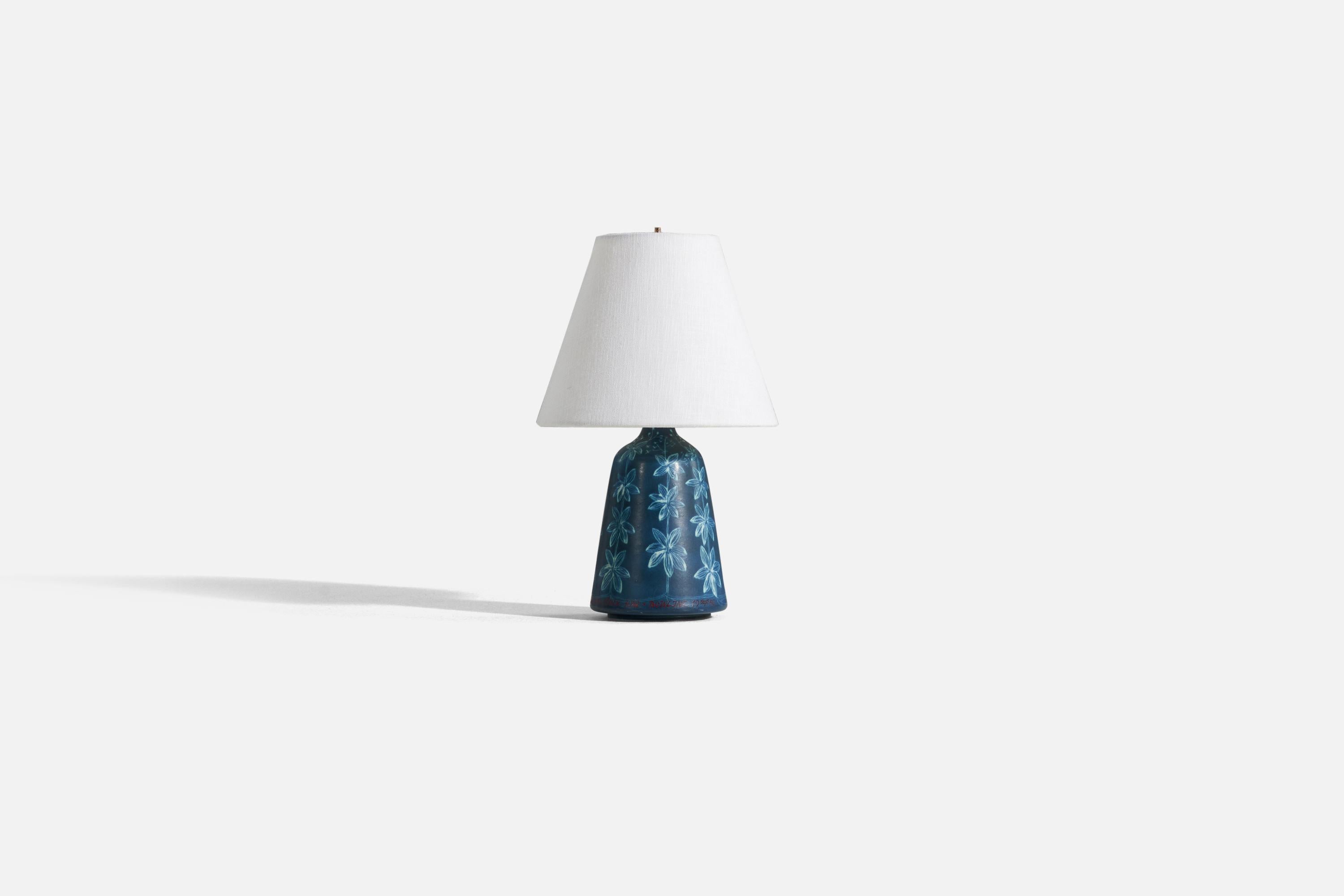 Mid-Century Modern Hertha Bengtsson, Table Lamp, Blue-Glazed Stoneware, Rörstand, Sweden, 1950 For Sale