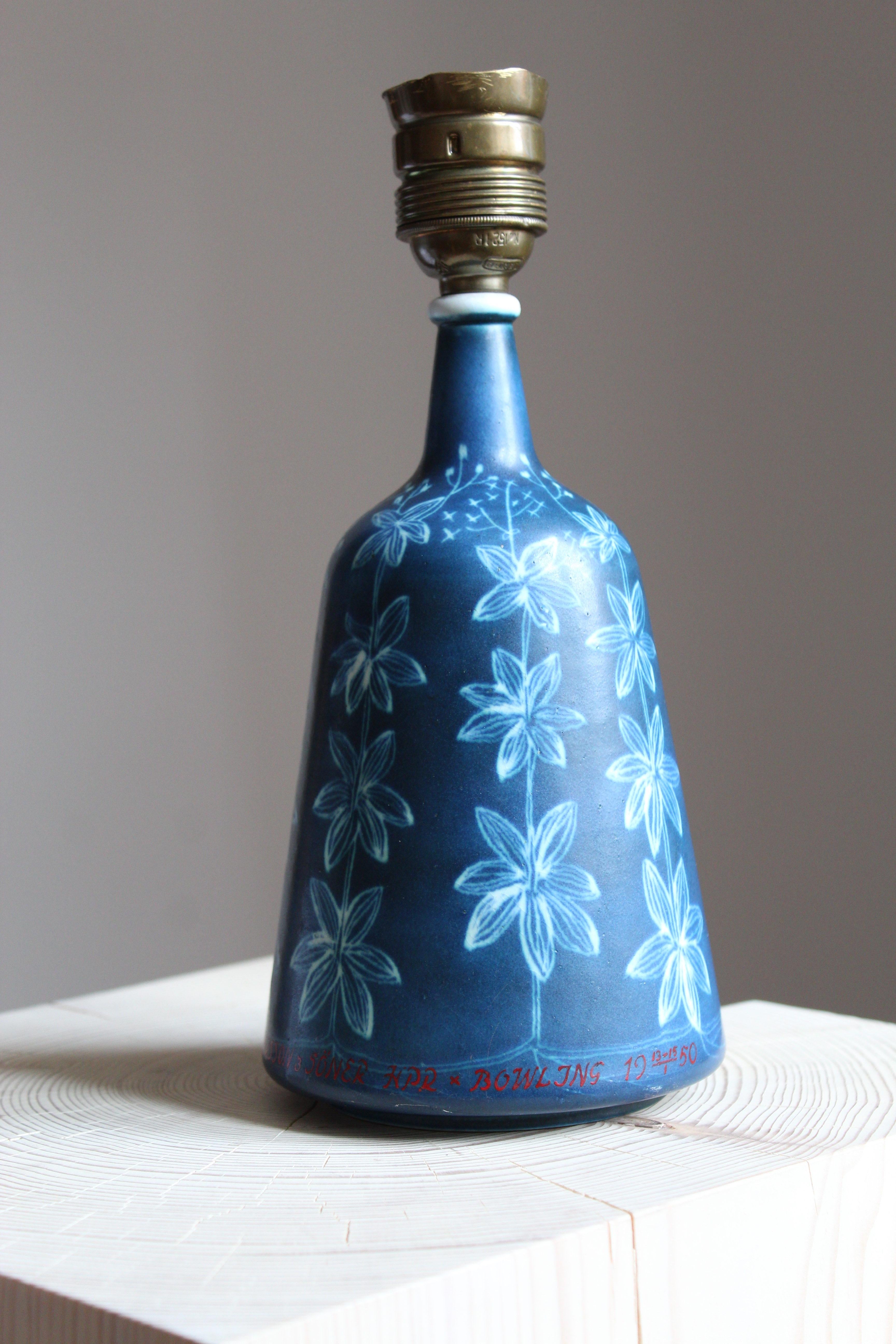 European Hertha Bengtsson, Table Lamp, Blue Glazed Stoneware, Rörstand, Sweden, 1950