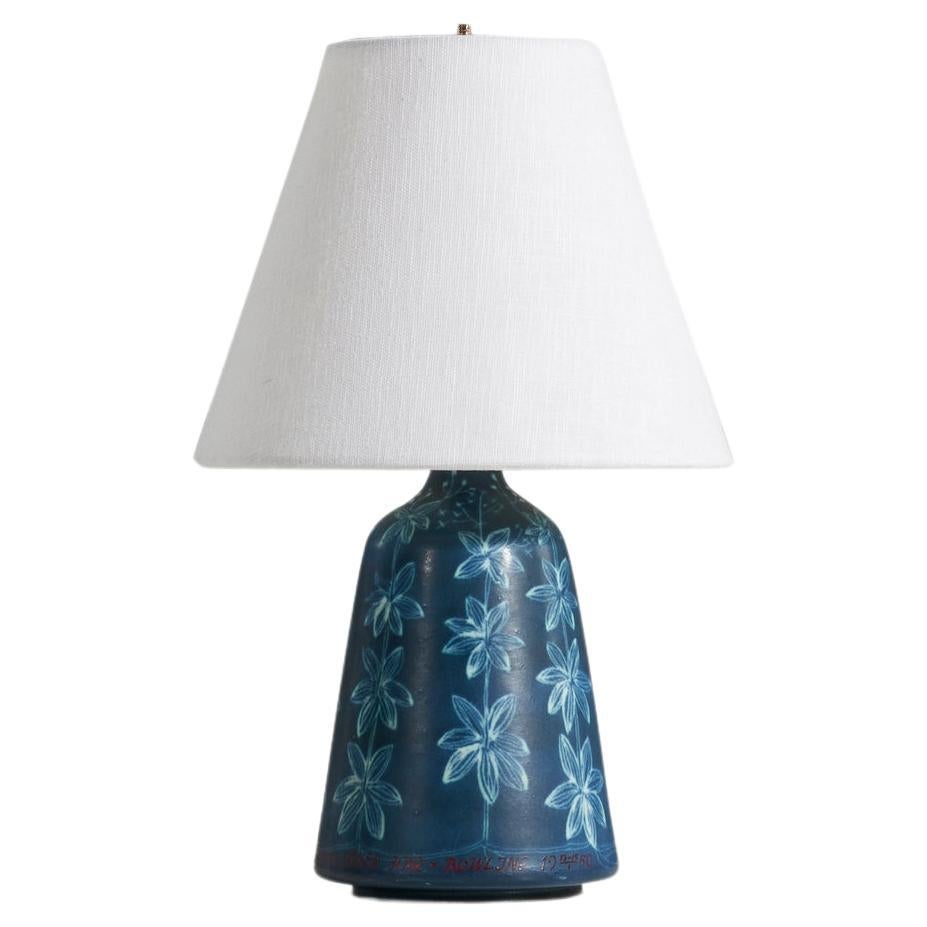 Hertha Bengtsson, Table Lamp, Blue-Glazed Stoneware, Rörstand, Sweden, 1950