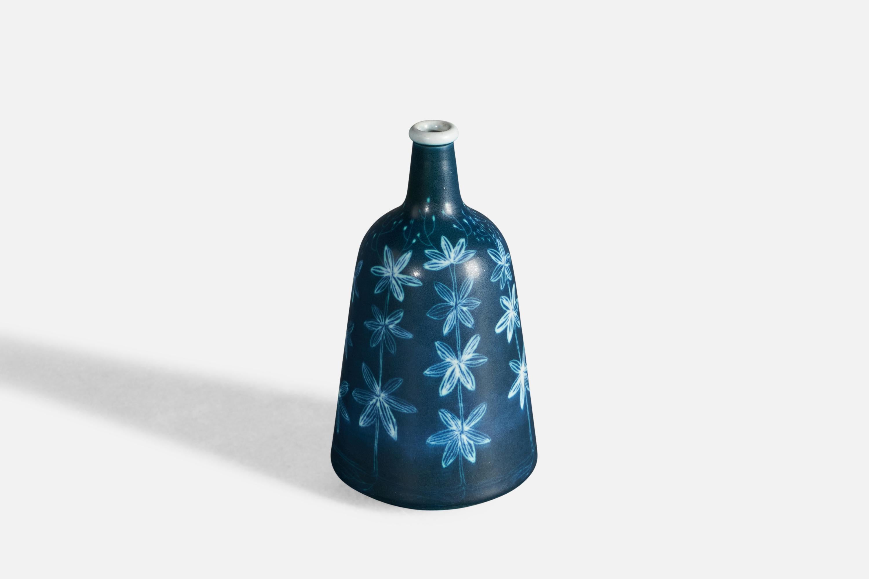 A blue-glazed stoneware vase, designed by Hertha Bengtson, and produced by Rörstrand, Sweden, c. 1950s.