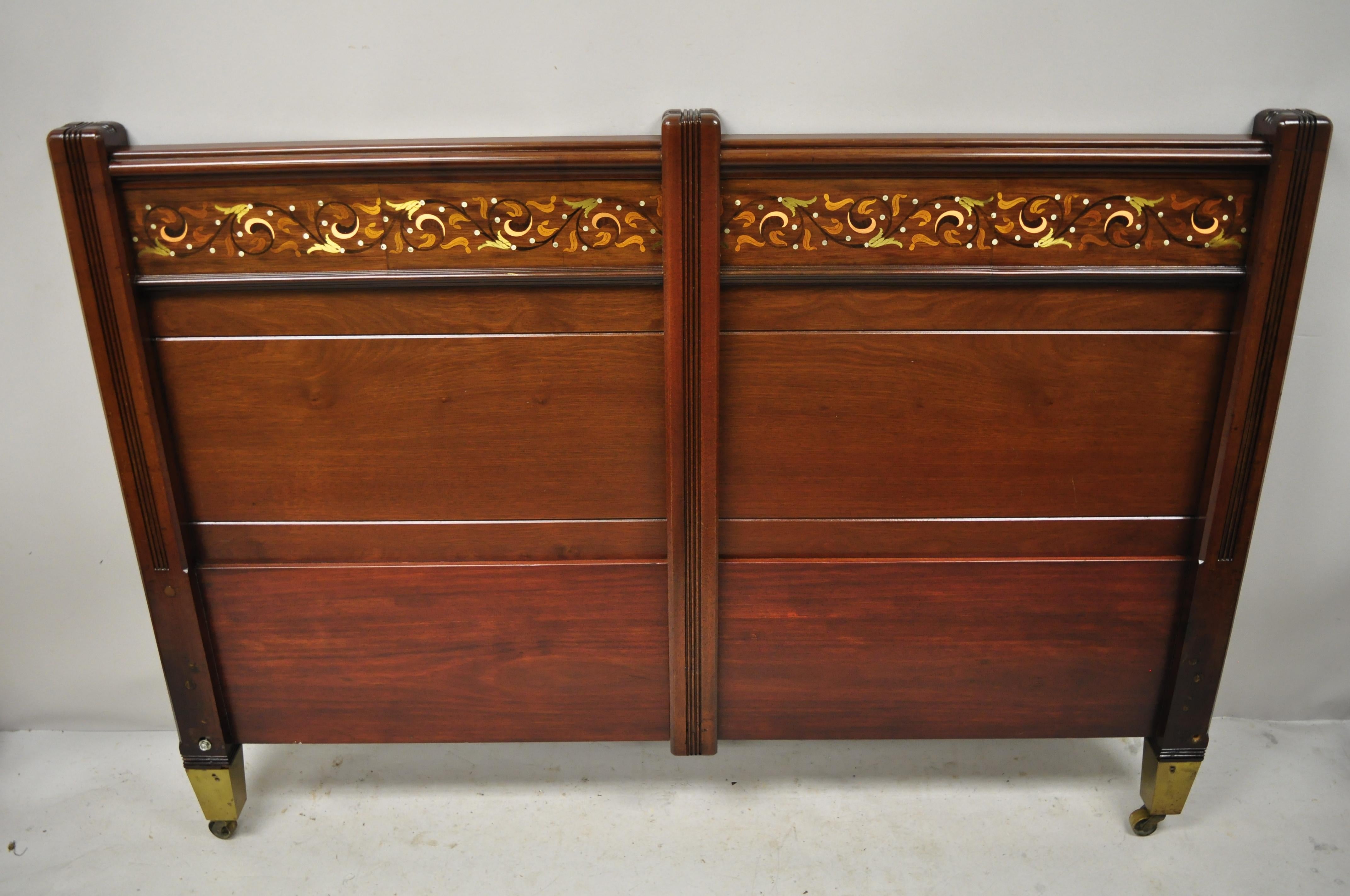 Herts Brothers Brass Satinwood Inlay Edwardian Mahogany Queen Bed Headboard For Sale 2