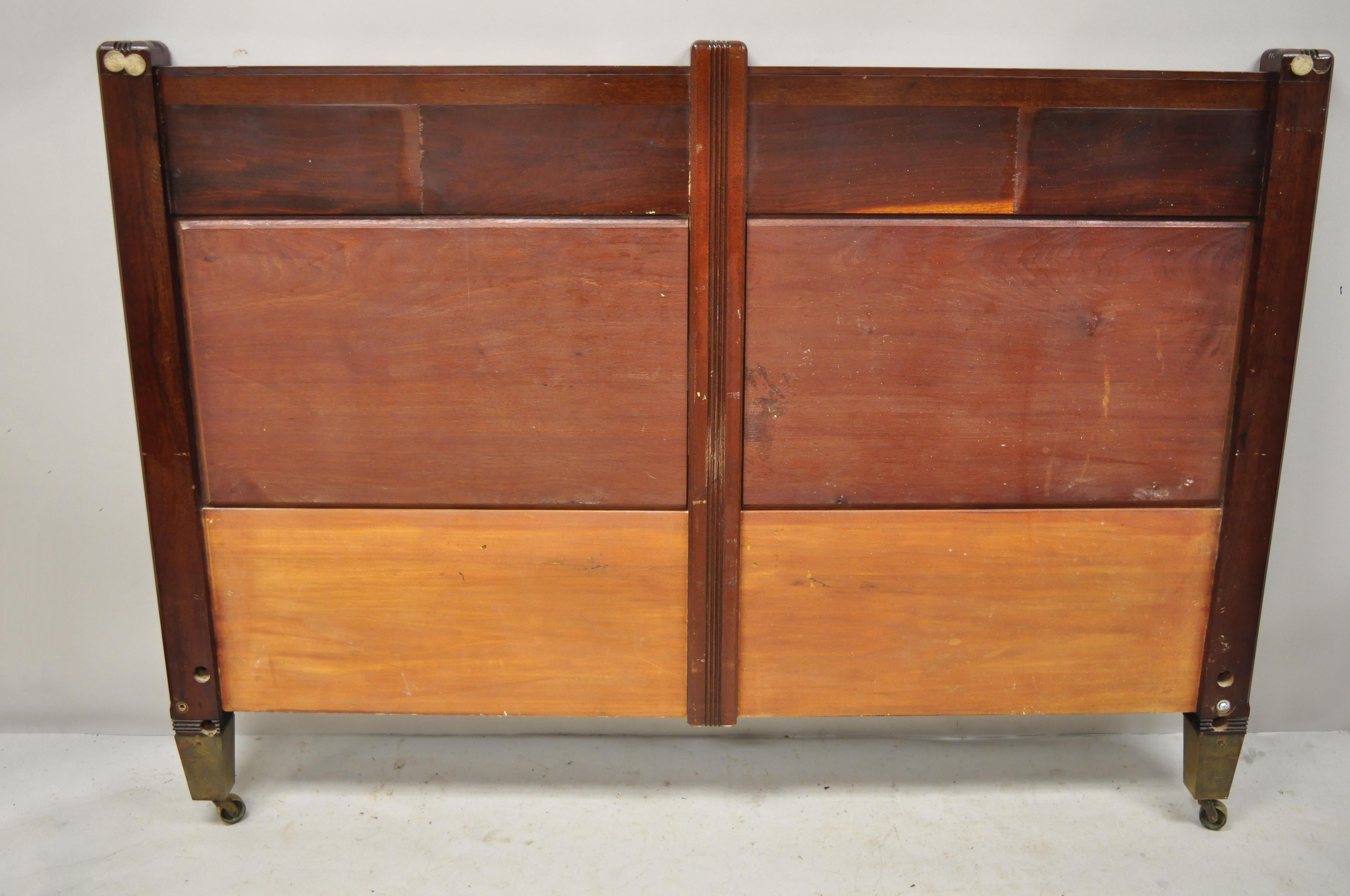 19th Century Herts Brothers Brass Satinwood Inlay Edwardian Mahogany Queen Bed Headboard For Sale