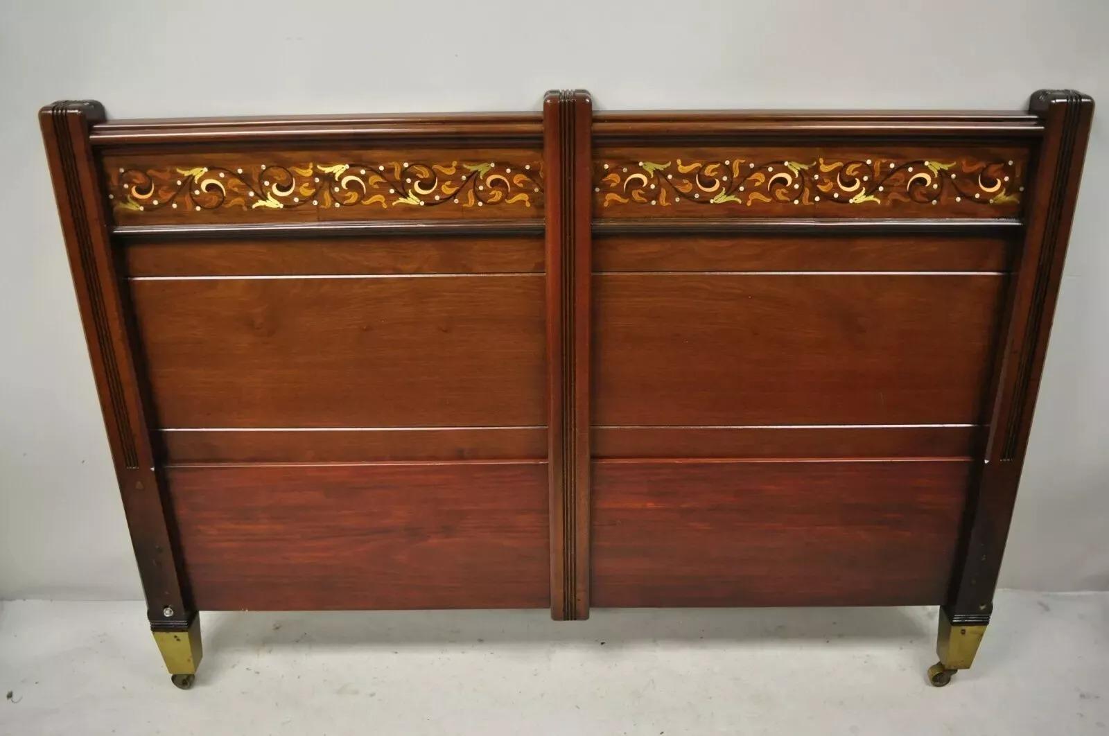 Herts Brothers Edwardian Mahogany Brass Satinwood Inlay Queen Bed Headboard For Sale 5