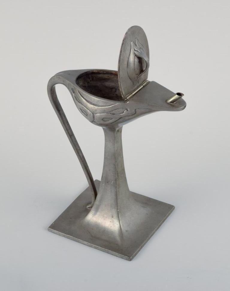 Danish Hertz & Ballin, Handmade Pewter Jug / Oil Lamp on Foot in Art Nouveau Style