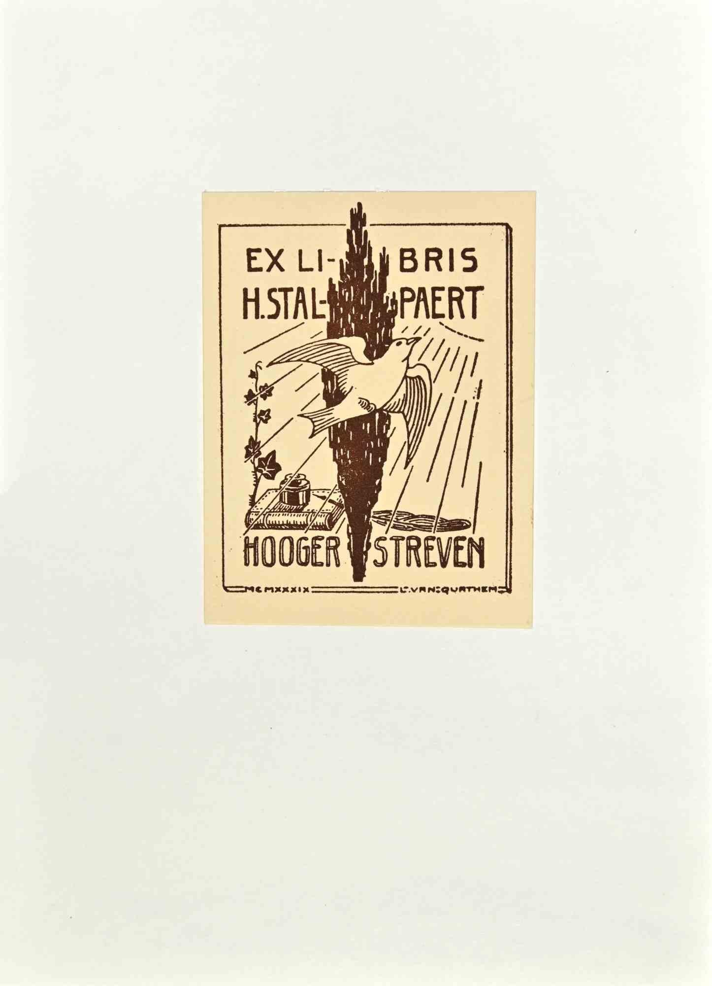 Ex-Libris H. Stalpaert is an Artwork realized in 1939, by Hervé Stalpaert

Woodcut B./W. print on ivory paper. The work is glued on cardboard. 

Total dimensions: 21 x 15 cm.

Good conditions.

 The artwork represents a minimalistic, clean design,