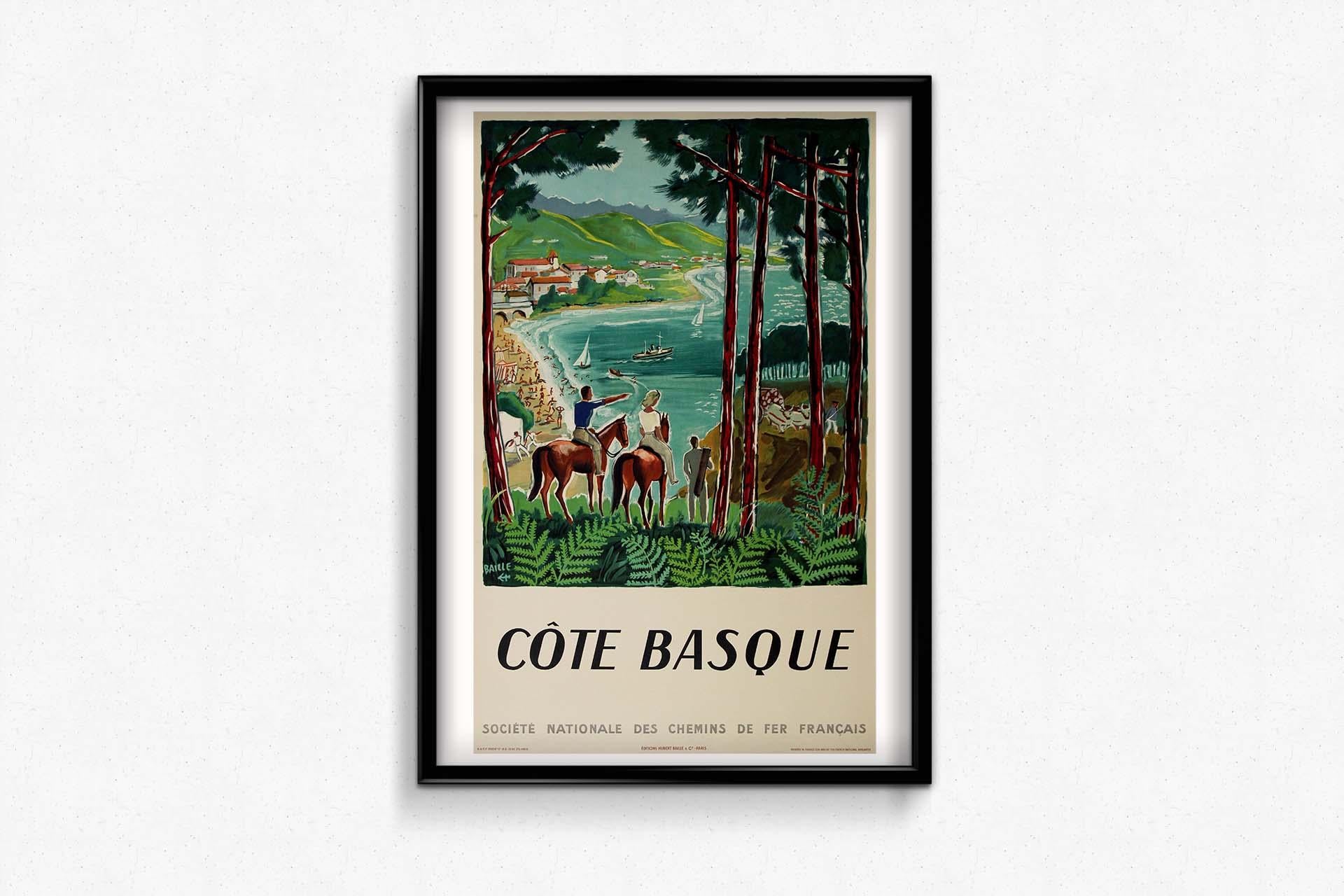 Hervé Baille, ein renommierter Künstler, der für seine fesselnden Reiseplakate bekannt ist, schuf 1950 ein Meisterwerk mit seiner originellen Kreation für die SNCF Côte basque. Der am 21. Januar 1896 in Sète geborene Baille zeichnete sich auf seinem