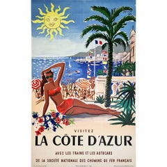 1955 Poster originale di Hervé Baille per la Costa Azzurra - SNCF