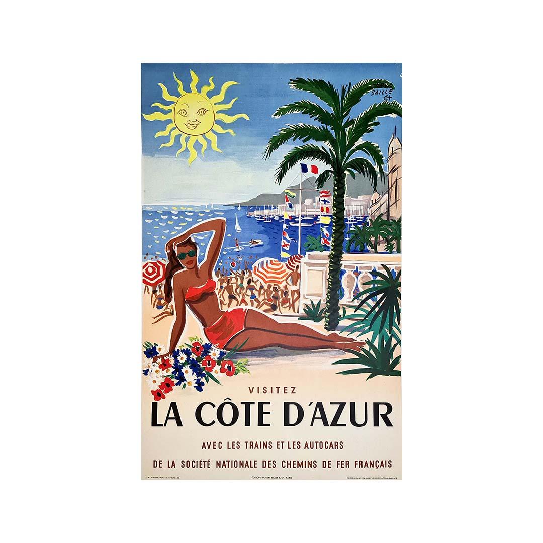 1955 Original Poster by Hervé Baille for the French Riviera - Côte d'Azur - SNCF - Print by Herve Baille