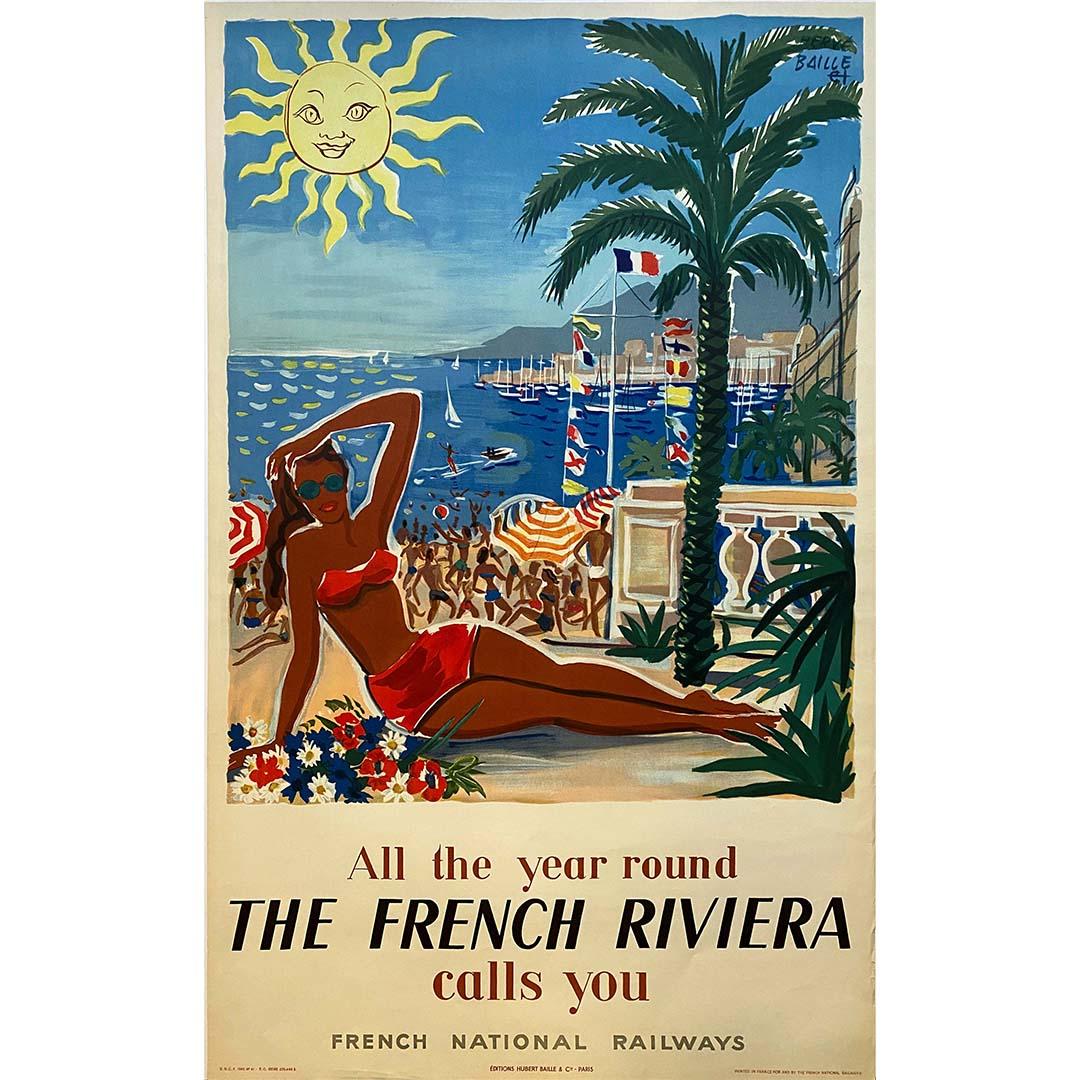 1955 Originalplakat von Hervé Baille Die französische Riviera ruft Sie - Côte d'Azur im Angebot 1