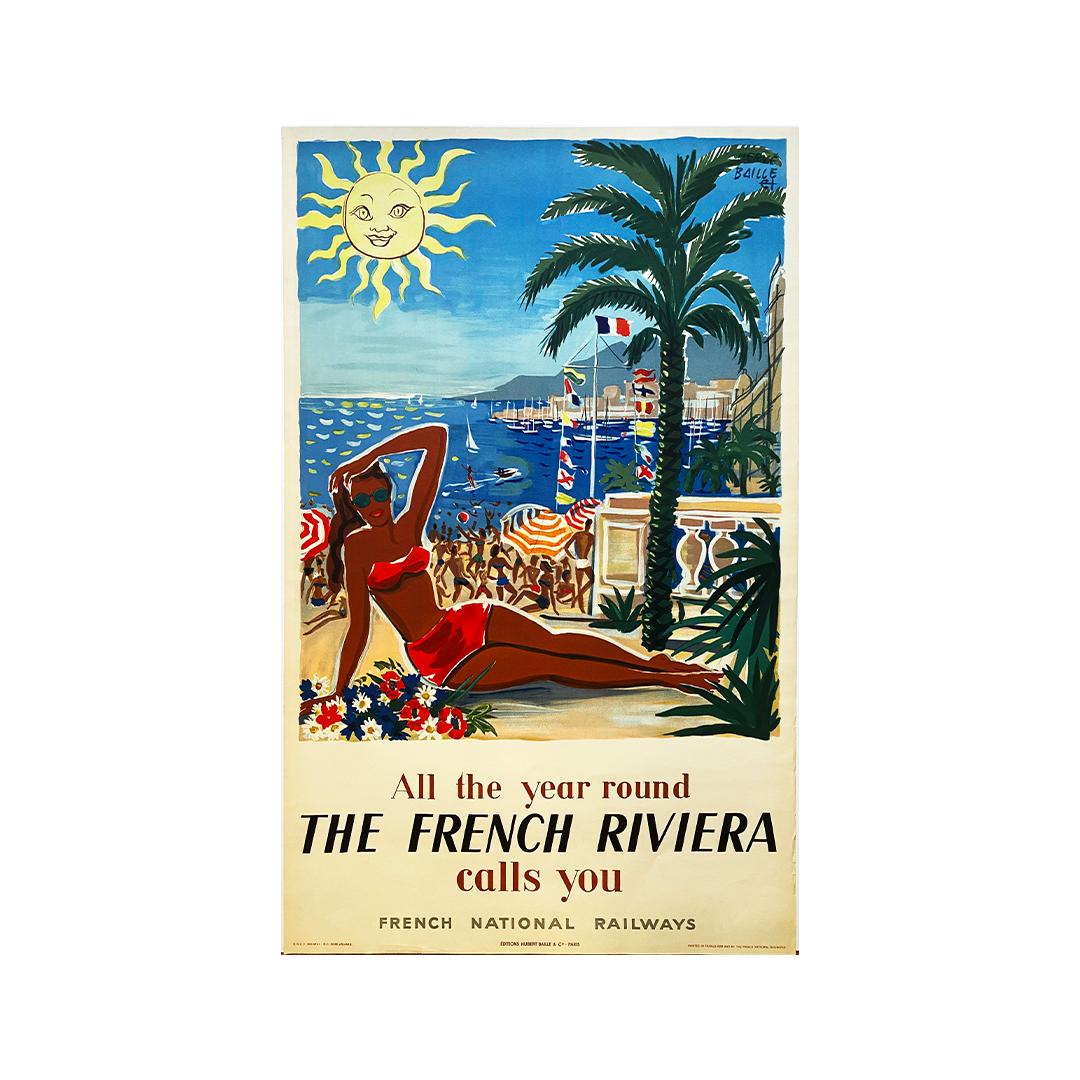 1955 Originalplakat von Hervé Baille Die französische Riviera ruft Sie - Côte d'Azur – Print von Herve Baille