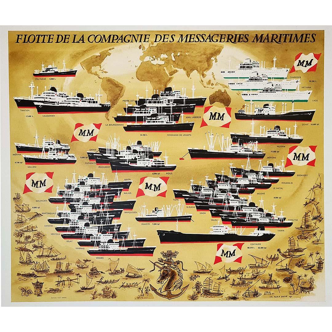 Affiche originale représentant la flotte de la compagnie des messagers maritimes éditée par l'édition 2B de Hervé Baille (1896-1974) et Luc Marie Bayle (1914-2000), deux peintres officiels de la Marine.
Le titre de peintre officiel de la marine