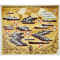 Poster originale del 1950 circa che rappresenta la flotta dei messaggeri marittimi