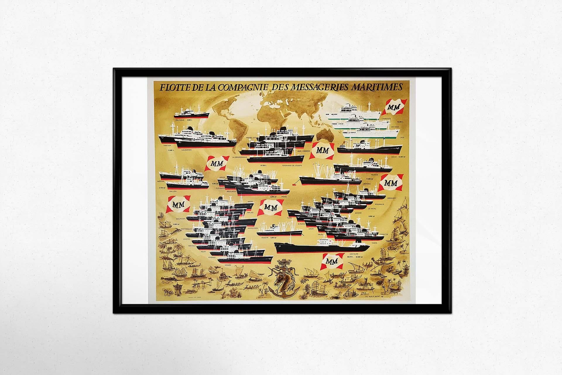 Affiche originale datant d'environ 1950 représentant la flotte des messagers maritimes en vente 1