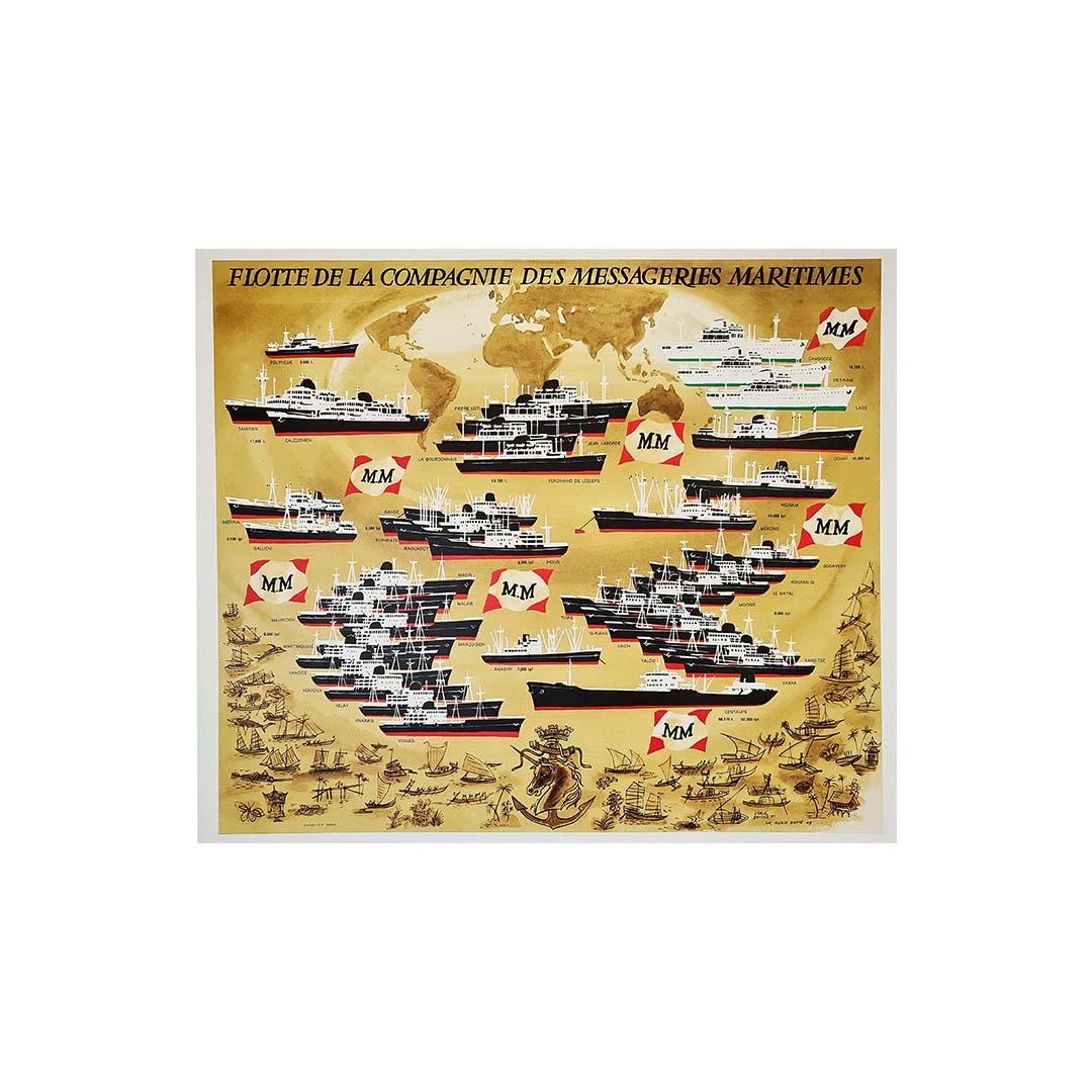 Circa 1950 original poster representing the fleet of the maritime messengers - Print by Herve Baille