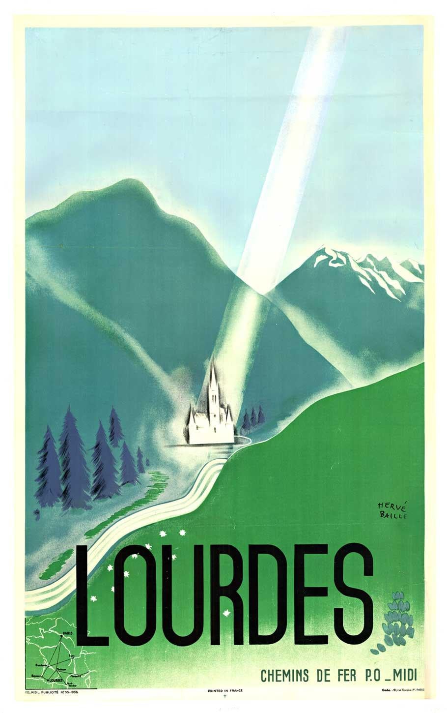 Original Lourdes Chemins de Fer French railroad vintage travel poster