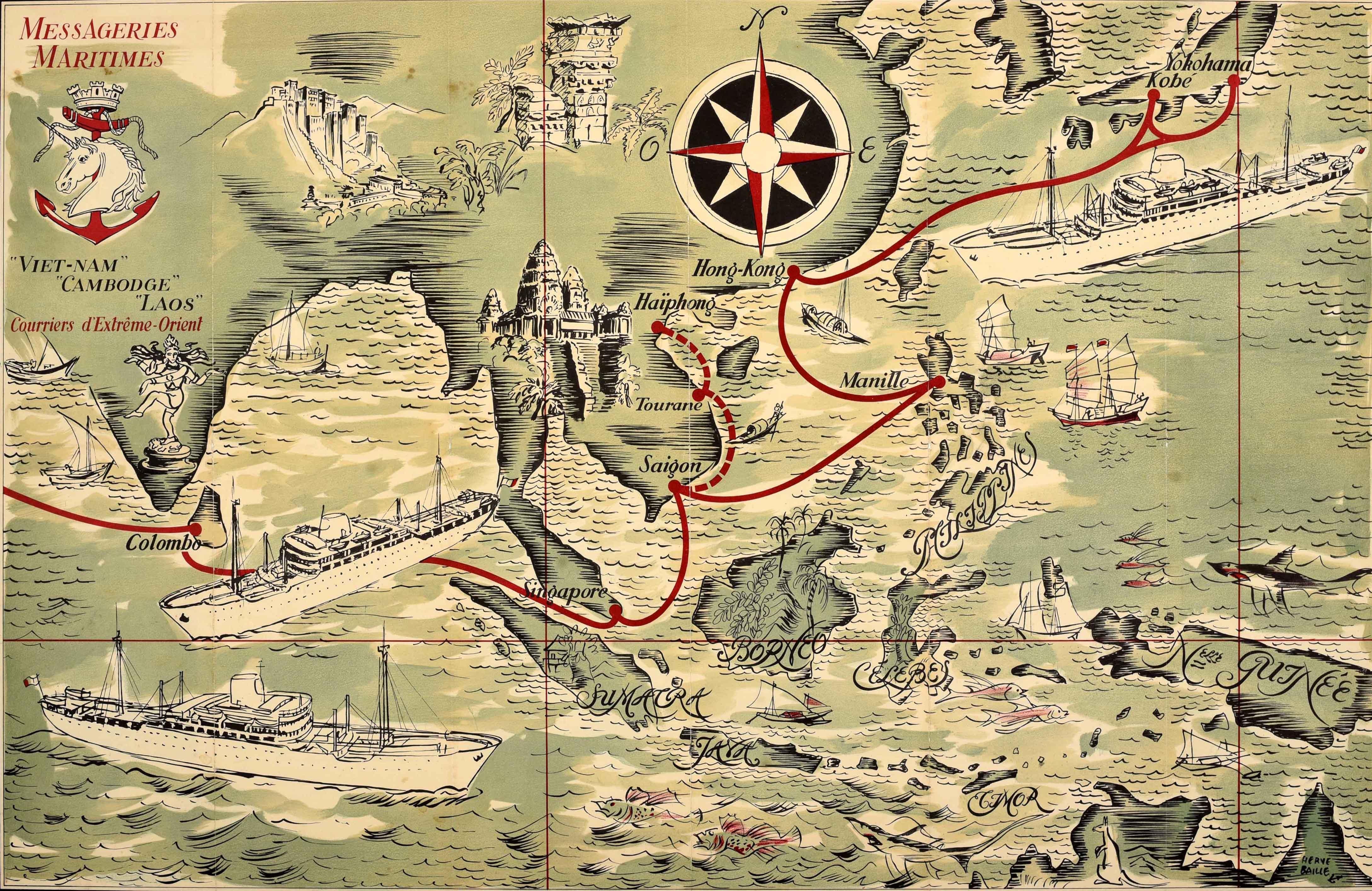 Affiche publicitaire vintage d'origine Messageries Maritimes Far East Map H Baille - Print de Herve Baille