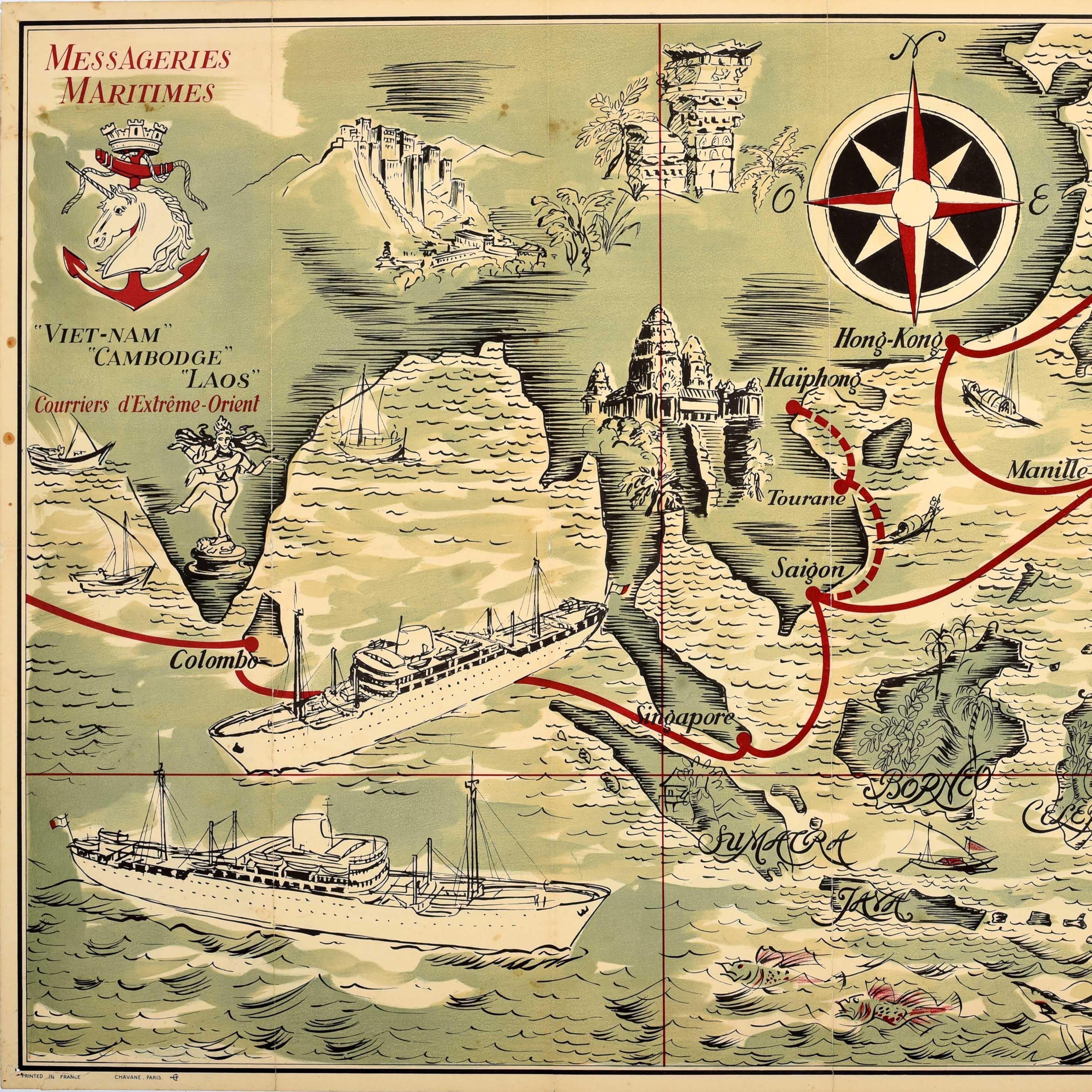 Affiche publicitaire vintage d'origine Messageries Maritimes Far East Map H Baille - Beige Print par Herve Baille