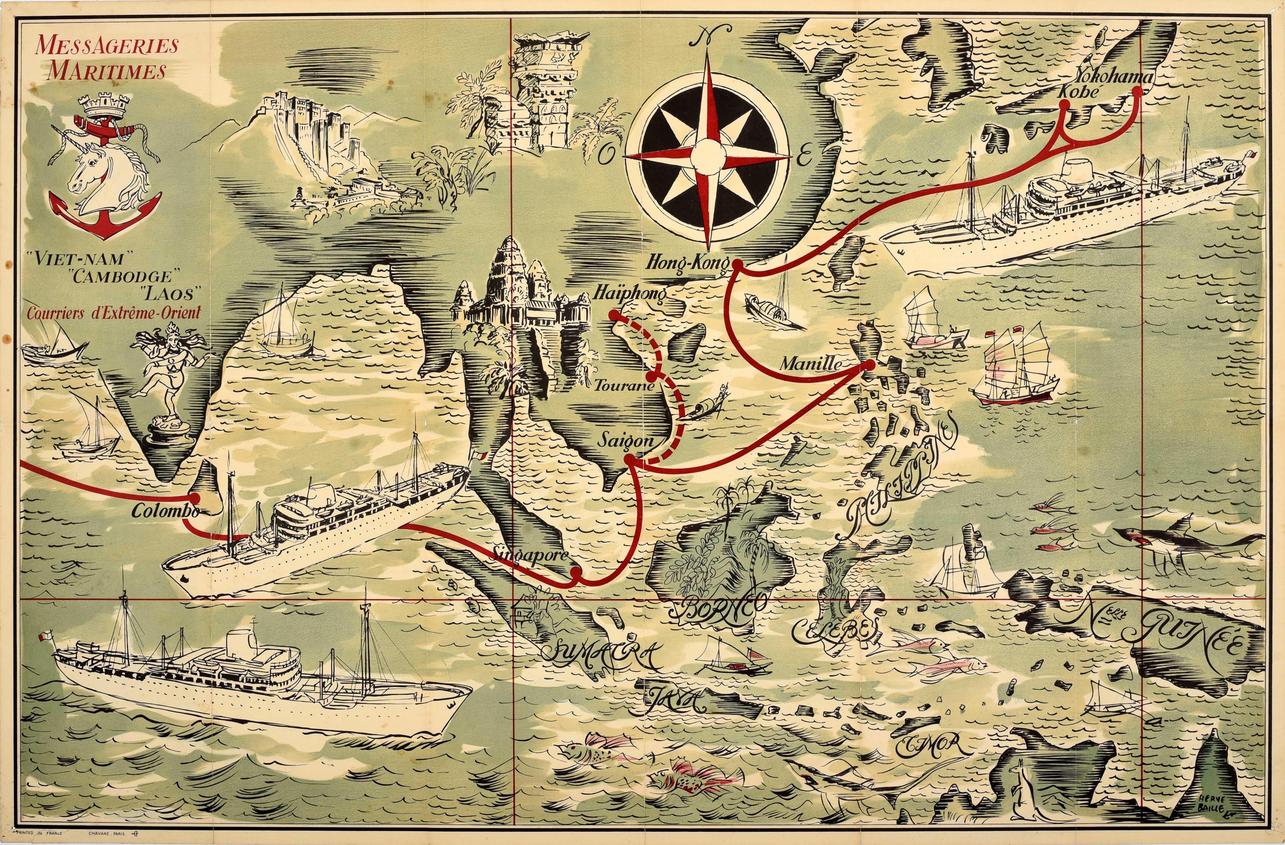 Print Herve Baille - Affiche publicitaire vintage d'origine Messageries Maritimes Far East Map H Baille