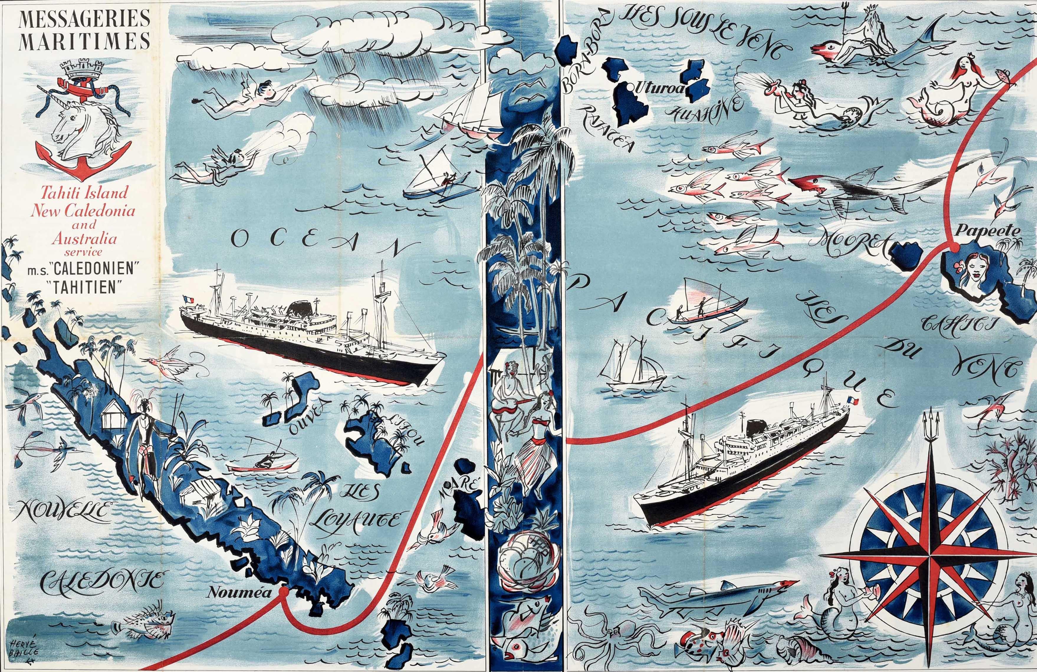 Poster pubblicitario originale d'epoca Tahiti Nuova Caledonia Mappa illustrata del percorso - Print di Herve Baille