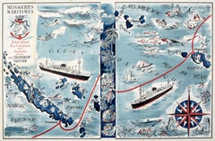 Original Vintage-Werbeplakat Tahiti New Caledonia, illustrierte Route Map, Vintage