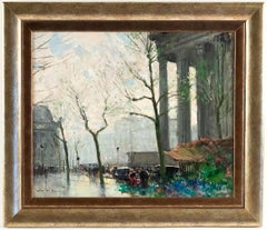 Hervé Jules René Oil on Canvas Flowers Market on La Madeleine Paris, circa 1930