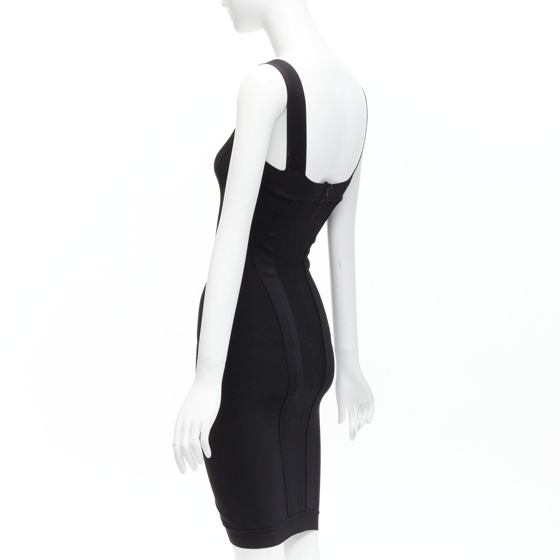 HERVE L LEROUX black square neck panelled bodycon bandage cocktail dress FR36 S For Sale 1