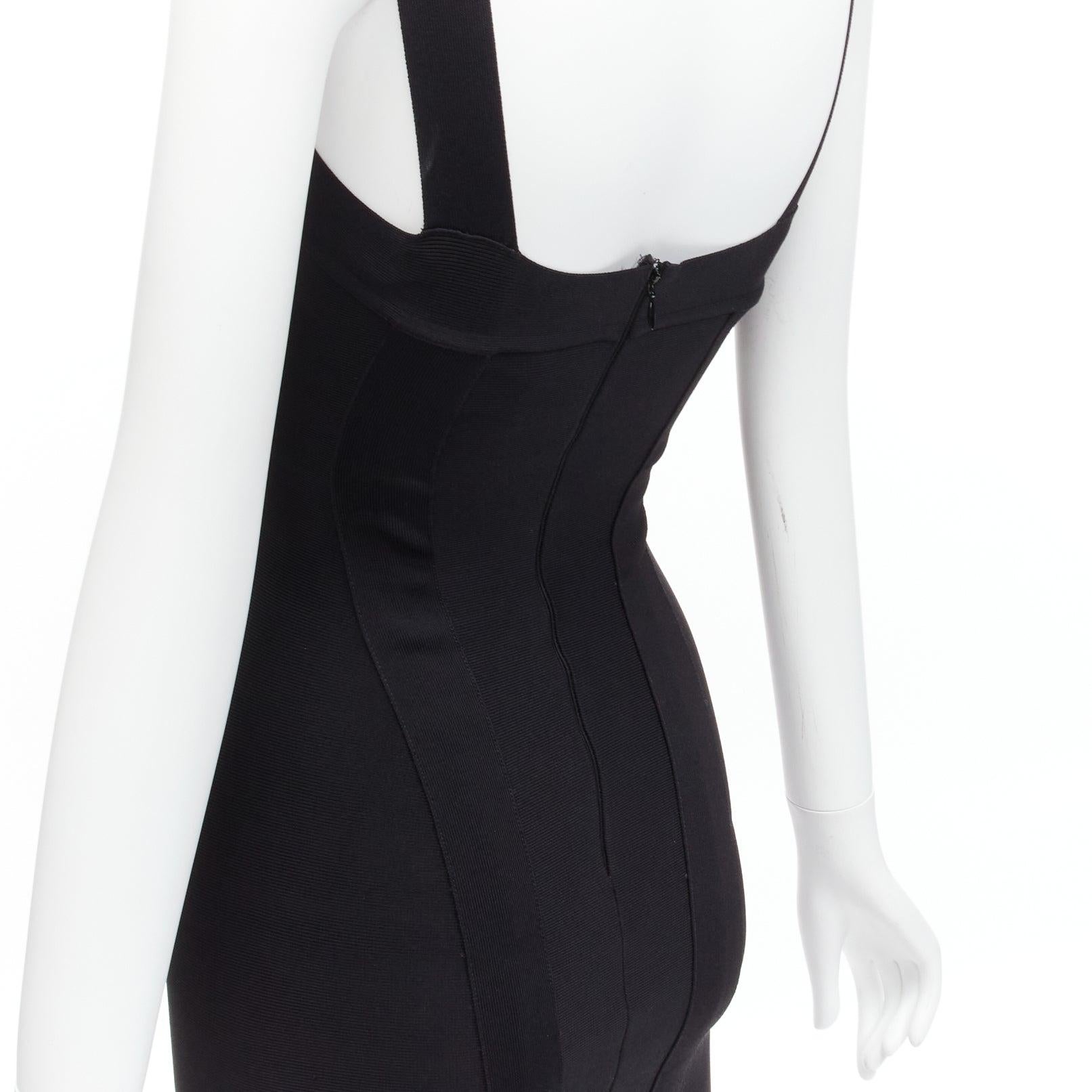 HERVE L LEROUX black square neck panelled bodycon bandage cocktail dress FR36 S For Sale 2