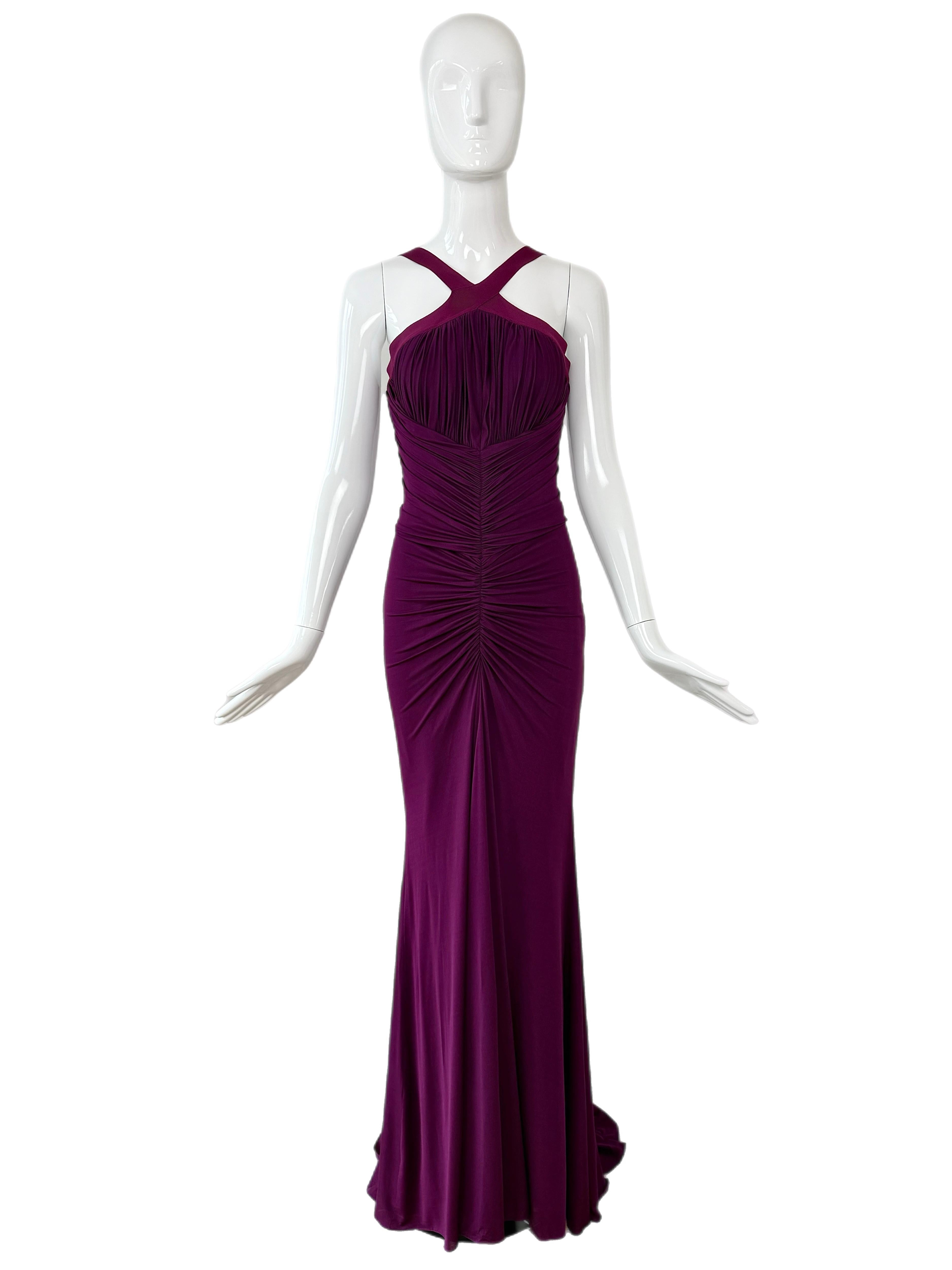 HERVE L LEROUX Couture Vintage Purple Ruched Evening Gown Halter In New Condition In Leonardo, NJ