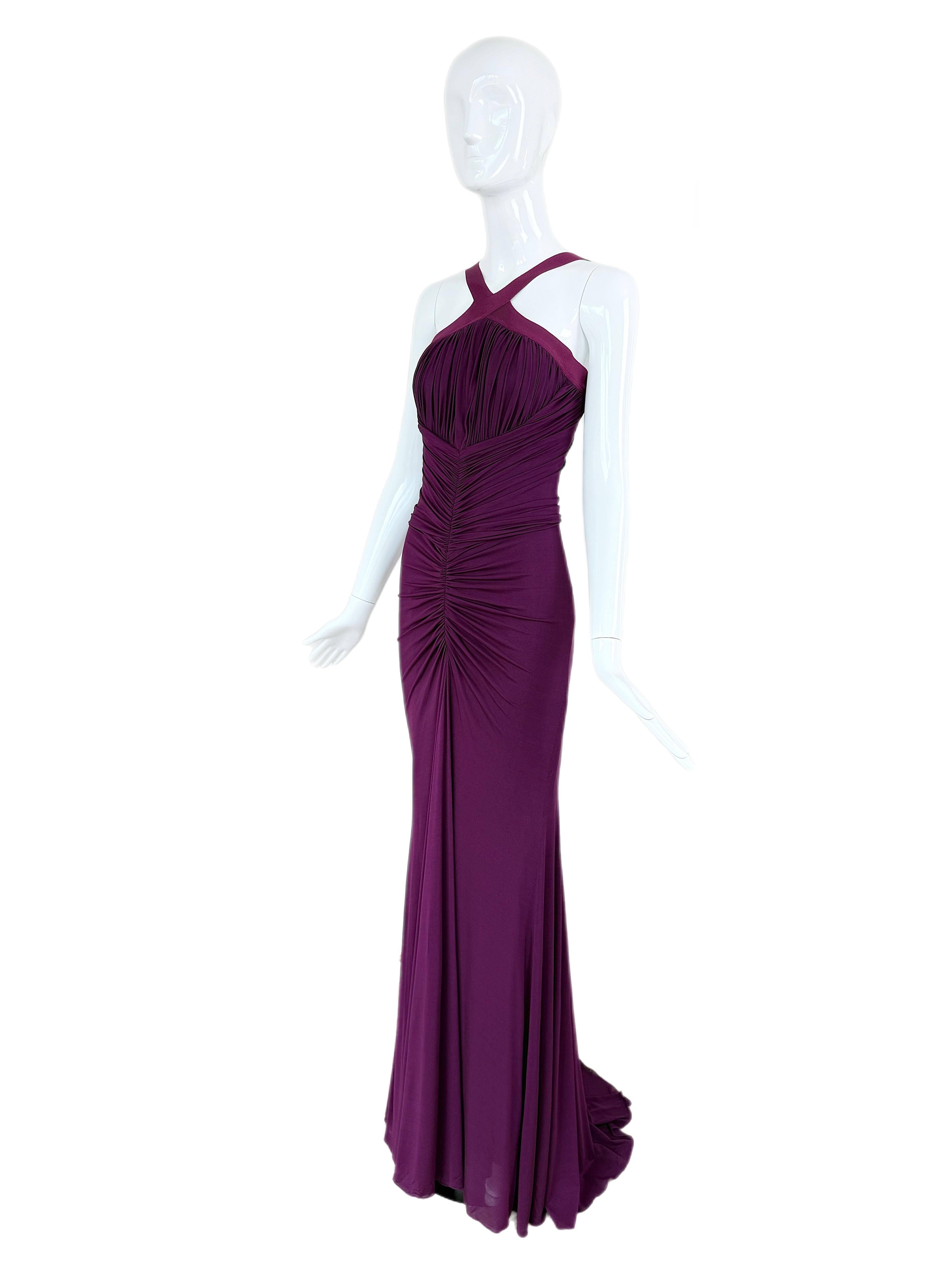 Women's HERVE L LEROUX Couture Vintage Purple Ruched Evening Gown Halter