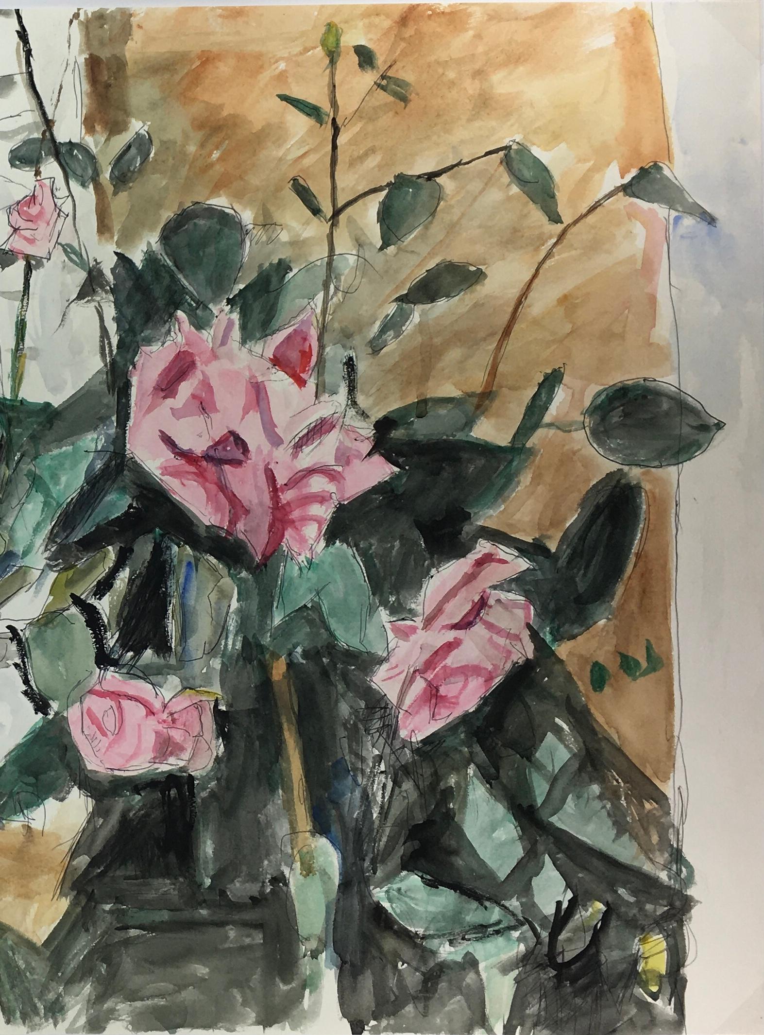 This is a vibrant and expressively rendered still life composition featuring pink roses in exterior setting with a window. The painting demonstrates a loose, spontaneous technique characteristic of mid-20th century watercolor work. The composition
