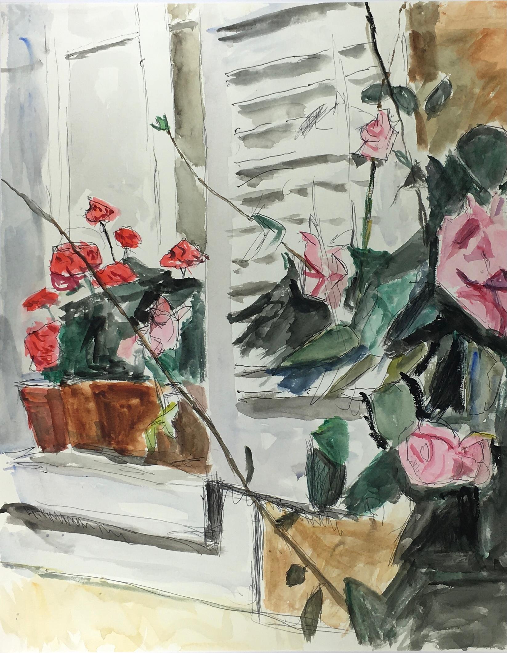 Still-Life Watercolor Painting - French Villa - Pink Roses by the Window For Sale 1