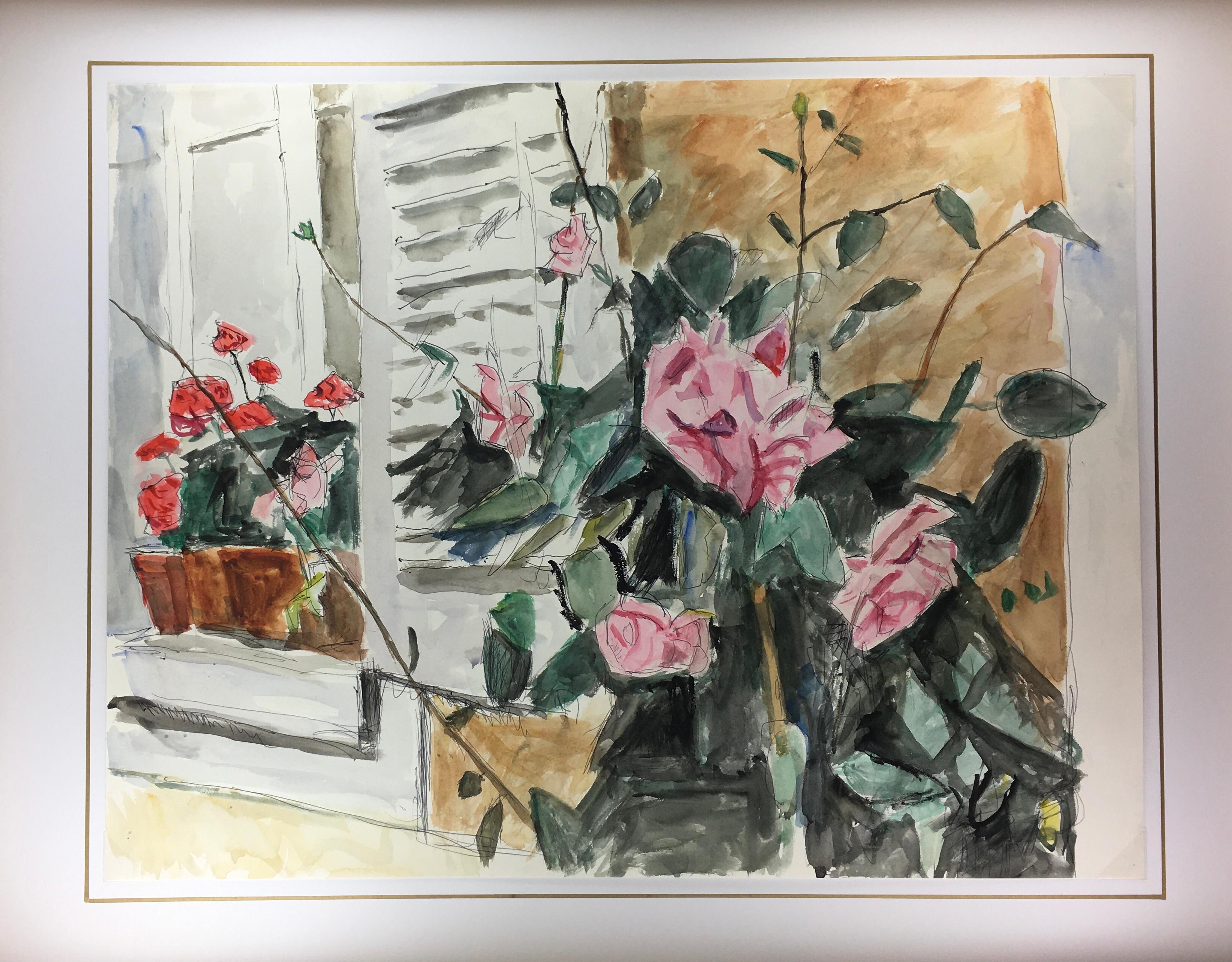 Still-Life Watercolor Painting - French Villa - Pink Roses by the Window For Sale 2