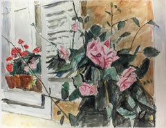 Stillleben-Aquarellgemälde – Französische Villa – Rosa Rosen am Fenster
