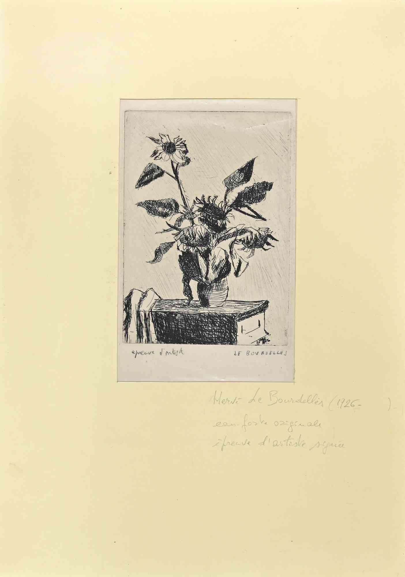 Hervé Le Bourdelles Figurative Print - Flowerpot - Original Etching by H. Le Bourdelles - 1960s