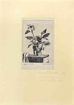 Pot à fleurs - Gravure originale de H. Le Bourdelles - années 1960