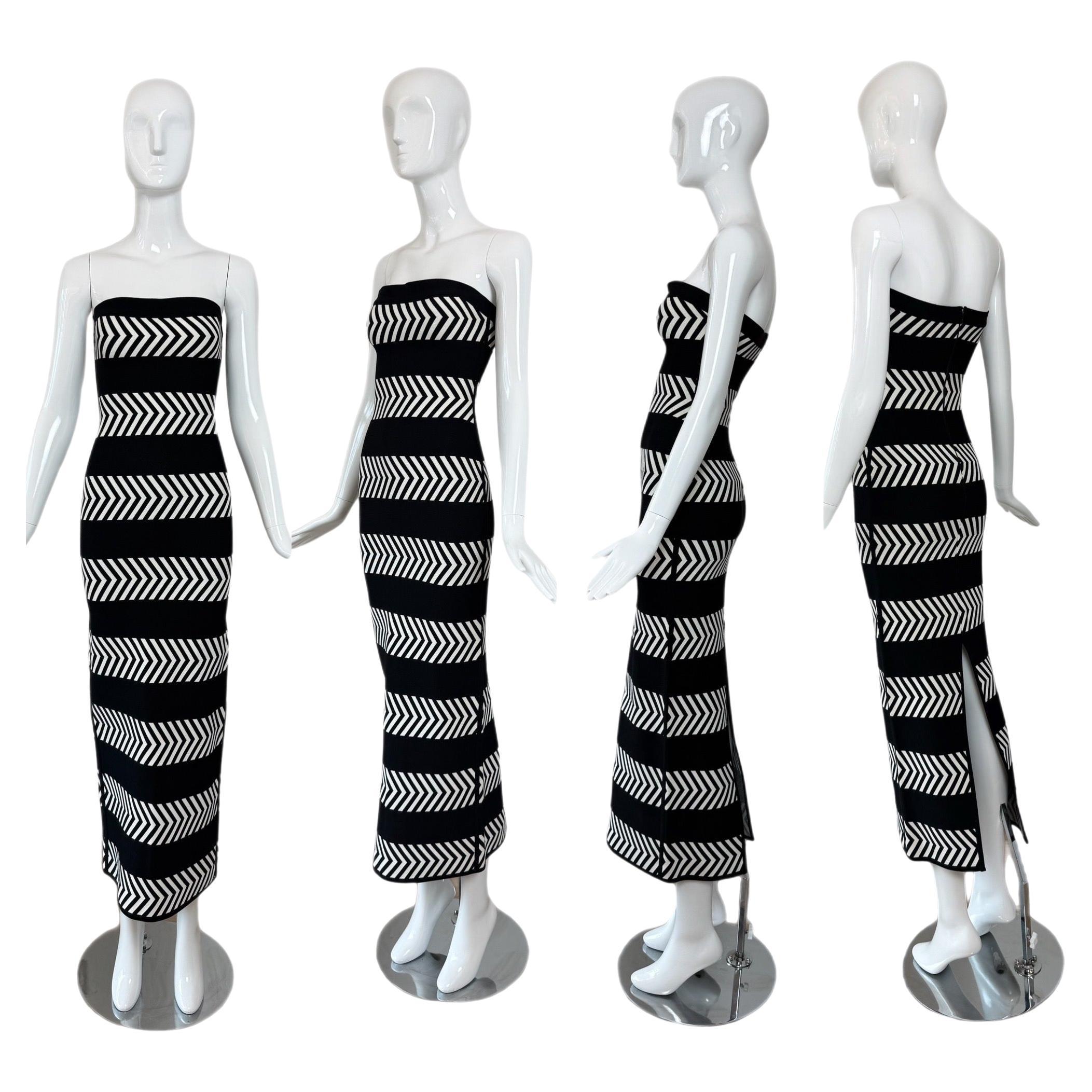 HERVE LEGER 1997 Maxi abito lungo vintage bianco e nero in vendita