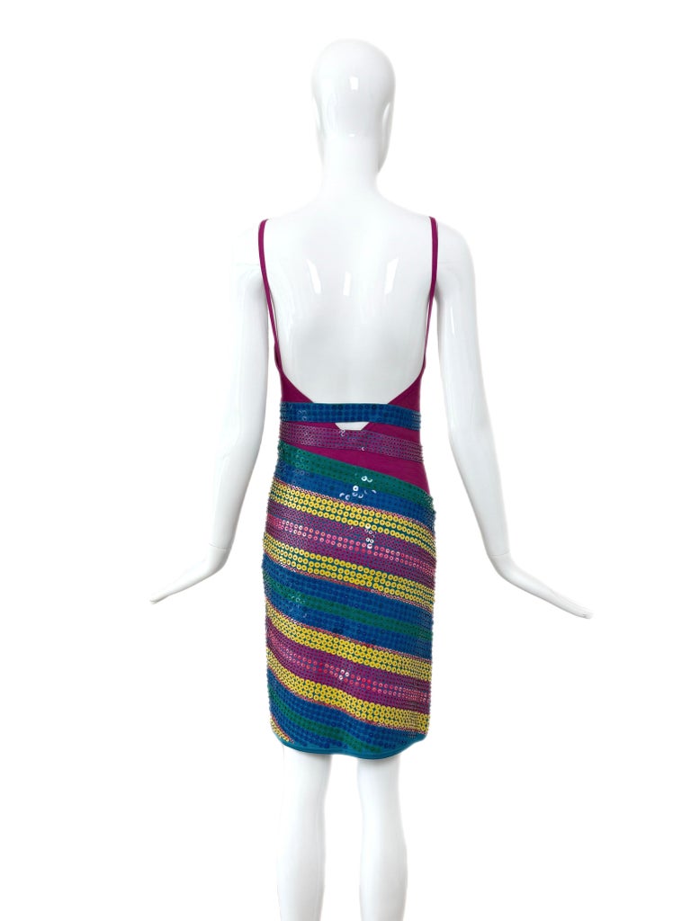 HERVE LEGER 1997 Vintage Embellished Striped Mini Knee Length Cocktail Dress  For Sale at 1stDibs