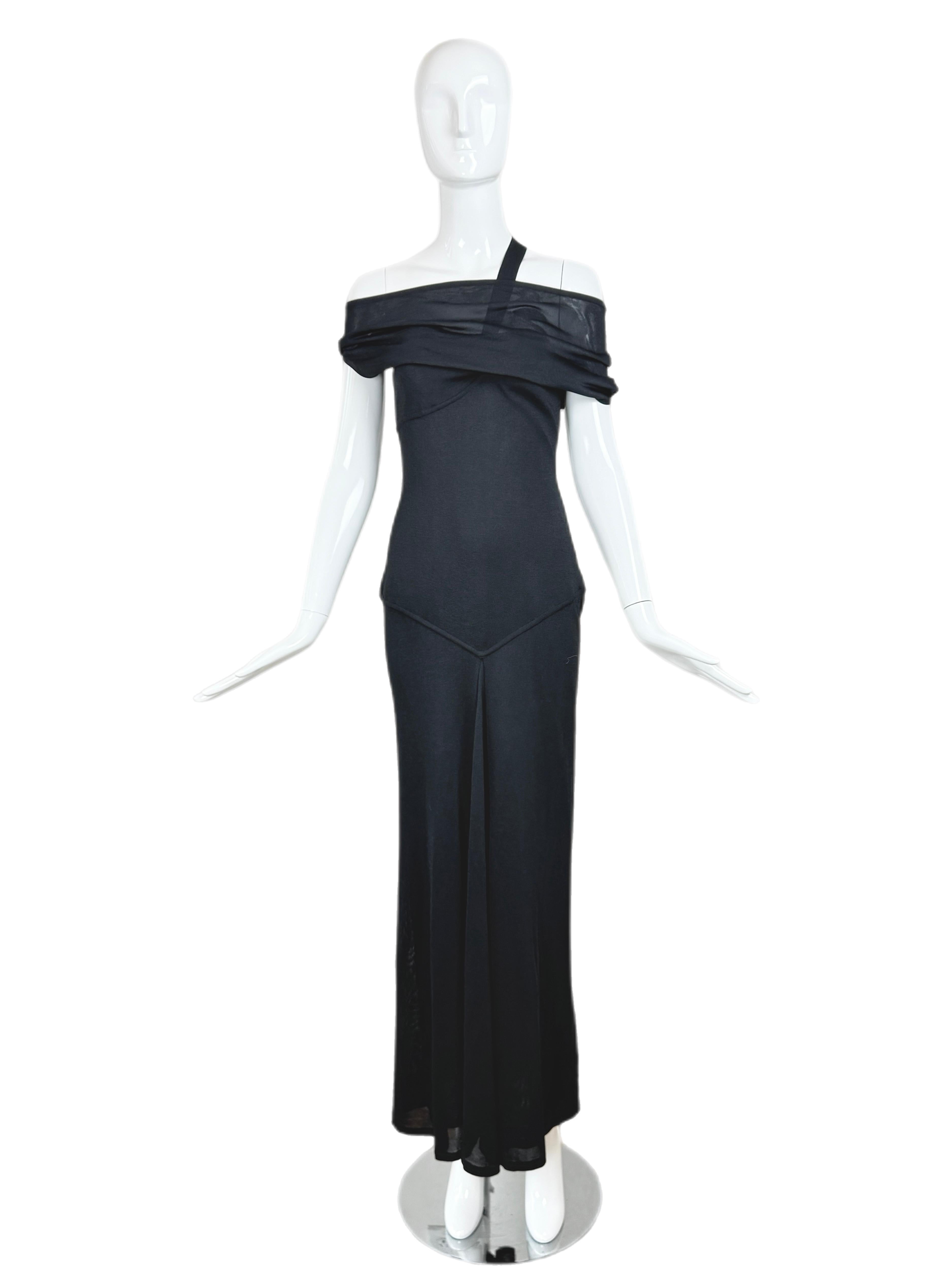 Donna HERVE LEGER 1998 Abito da sera vintage da passerella Maxi Dress Nero Off Shoulder in vendita